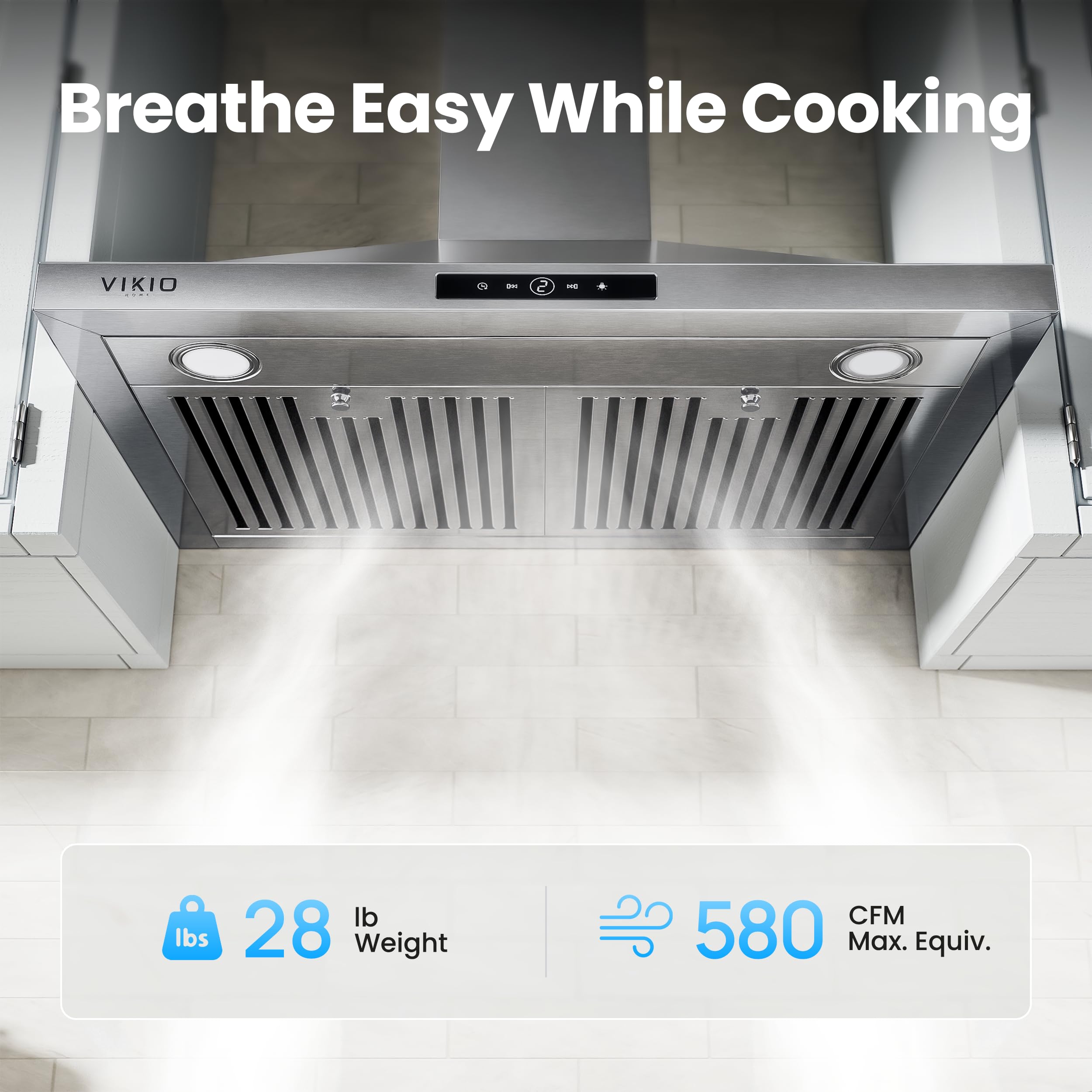 VIKIO HOME Wall Mount Range Hood 30 inch, 580 CFM, Ducted/Ductless Convertible, Stainless Steel Kitchen Vent Hood with 3-Speed Fan and LED Lights