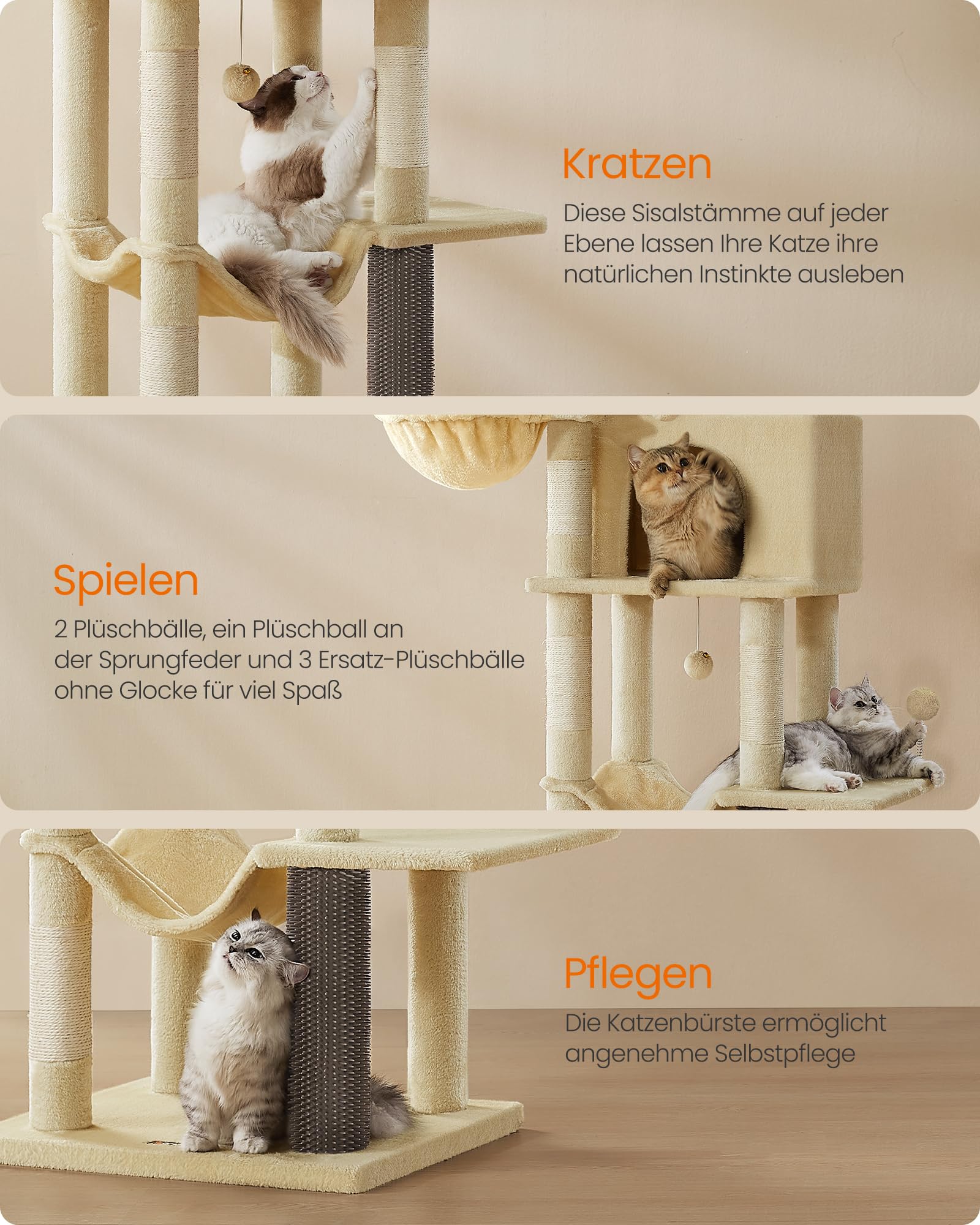Feandrea Kratzbaum, 175 cm hoch, XL, mehrstöckiger Katzenbaum mit 2 Höhlen, 2 Liegemulden, 5 Kratzsäulen, Katzenbürste, große Plattform, Taubengrau PCT182G01