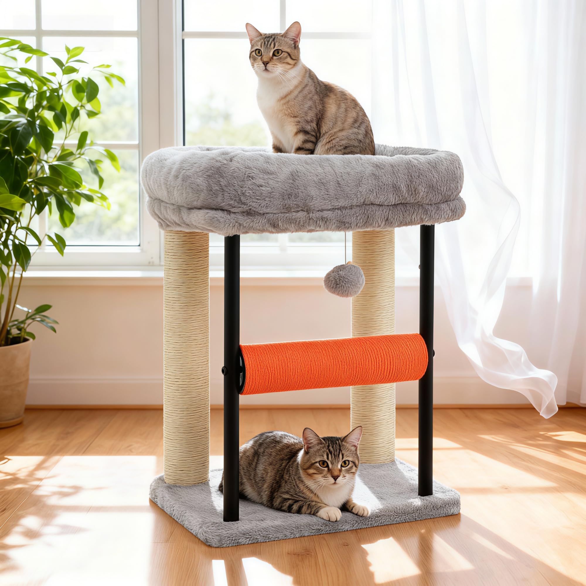 Hey-brother Kratzbaum, 50 cm klein Katzenbaum für Kätzchen, Kratzpfosten mit drehbarer Sisalsäule, geräumiger Plüschplattform, Vollständig sisalumwickelte Säule und Spielbällen, Hellgrau EMPJ010SW
