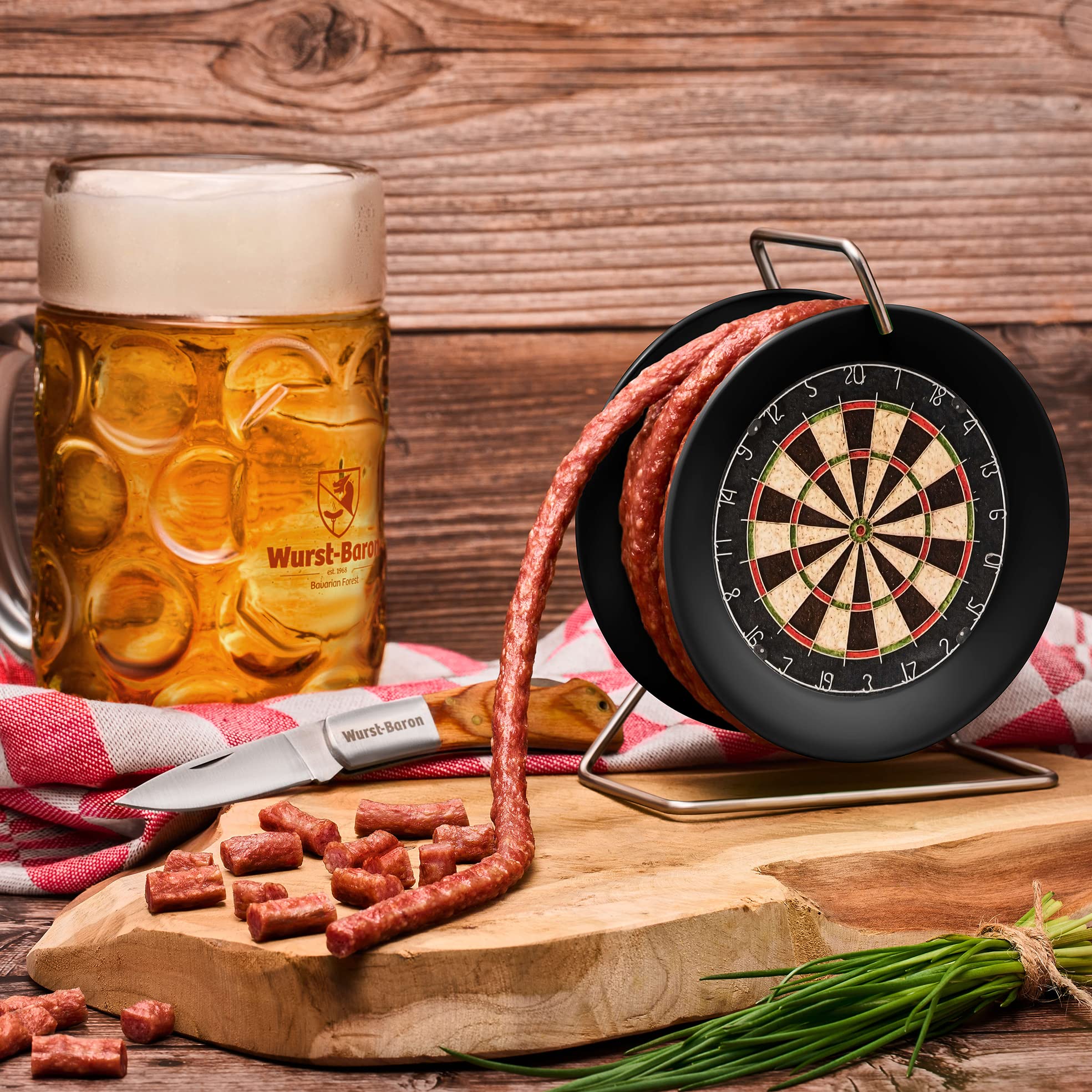 WURSTBARON® Wurst Kabeltrommel im Dartboard Design, 3,5m Wurst nach Krakauer Art, hochwertige Qualität und rauchiges Aroma, lustiges Geschenk, 240 g
