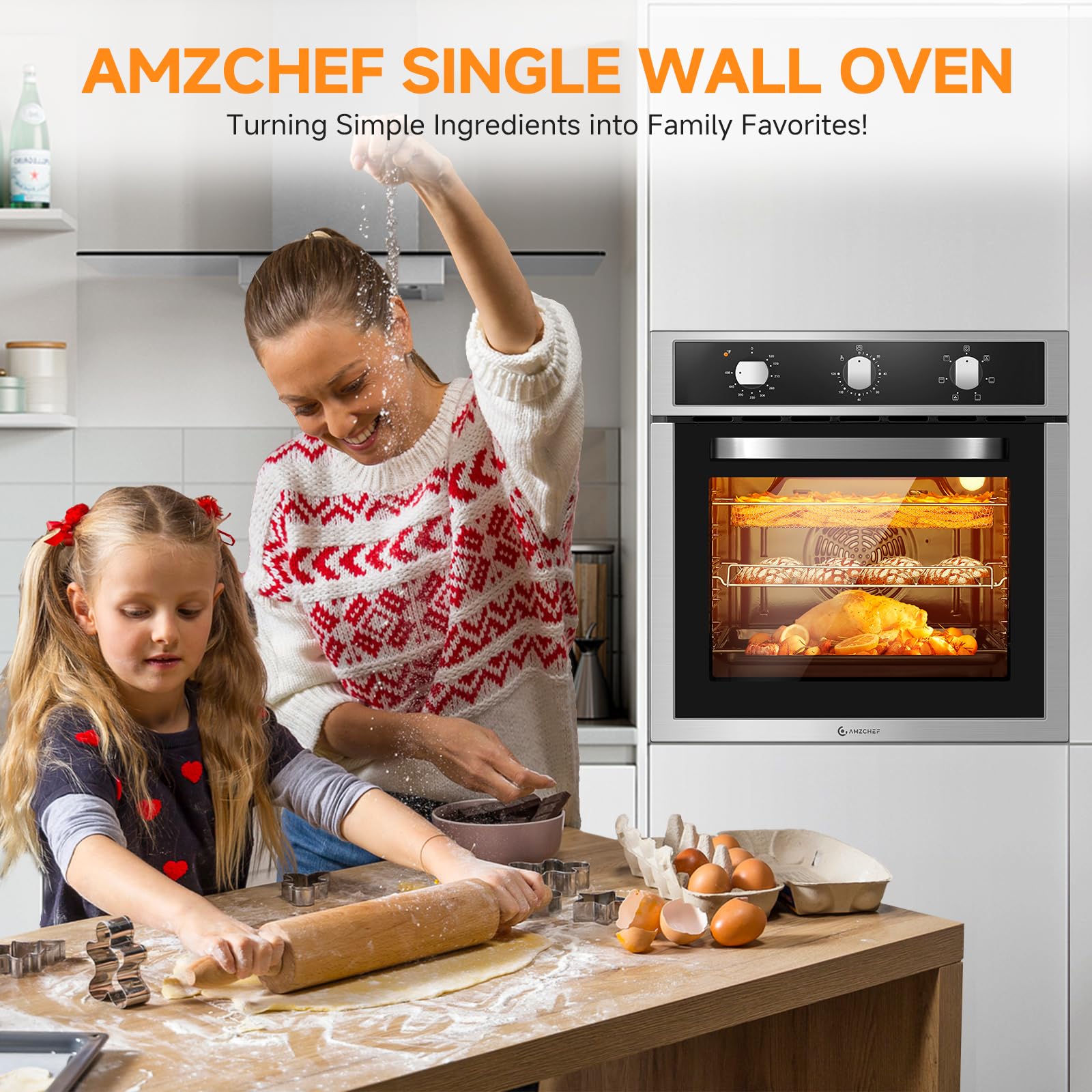 24" Single Wall Oven for Kitchen: 2200W Built-in Electric Wall Oven with Mechanical Knobs Control, 2.65 Cu.ft. Stainless Steel Wall Oven with 5 Cooking Modes, 360° ROTATING ROTISSERIE, Timer