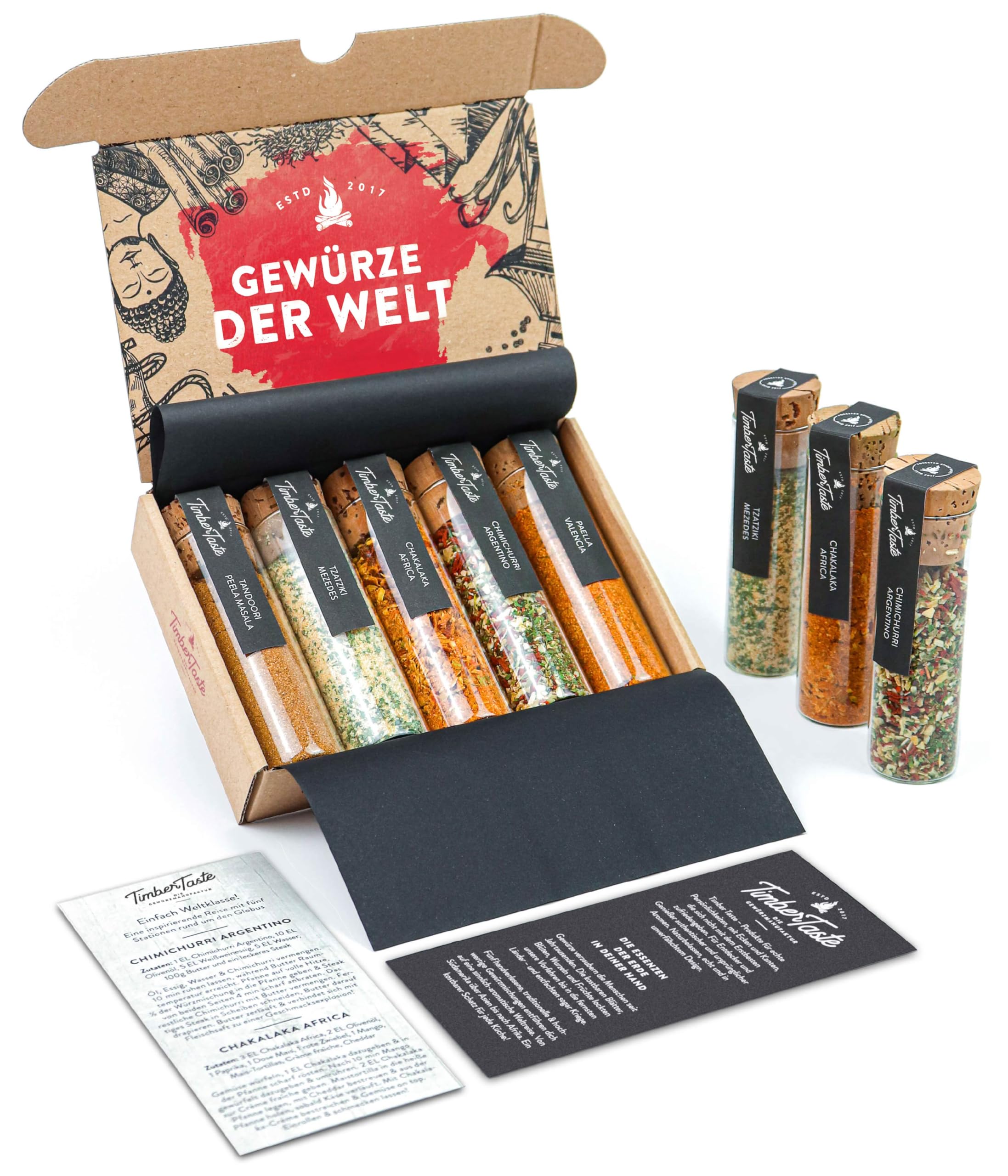 TIMBER TASTE® Grillgewürze Geschenkset - 5 premium BBQ Gewürze Rubs & Marinaden in edler Geschenkbox | Geschenke für Männer | Vatertag Geschenk | Gewürze Geschenkset ideal zum Grillen Geschenk Set