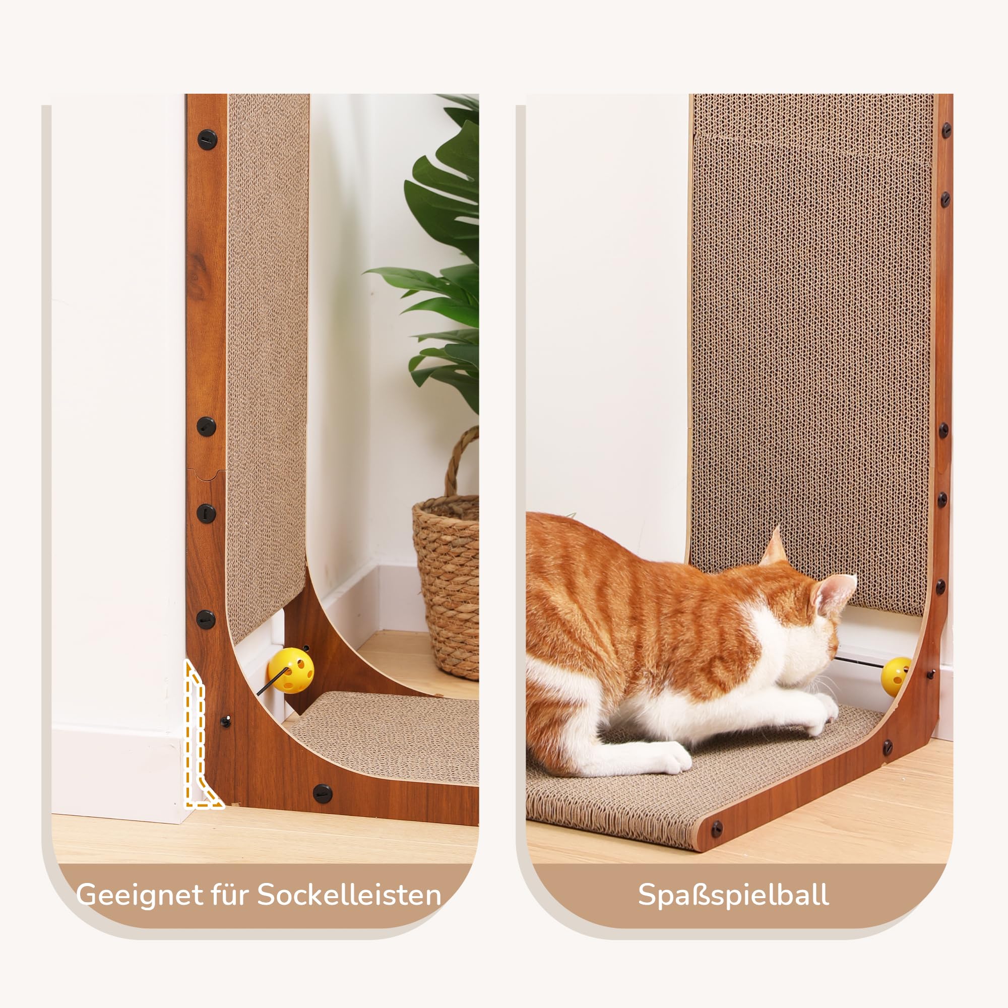 FUKUMARU Kratzbrett Katzen, 68 cm hohe L förmige Kratzpappe für Katzen, widerstandsfähig Katzenkratzbrett mit Ballspielzeug, Kratzmöbel aus hochwertiger Karton für Wand und Ecke, Groß
