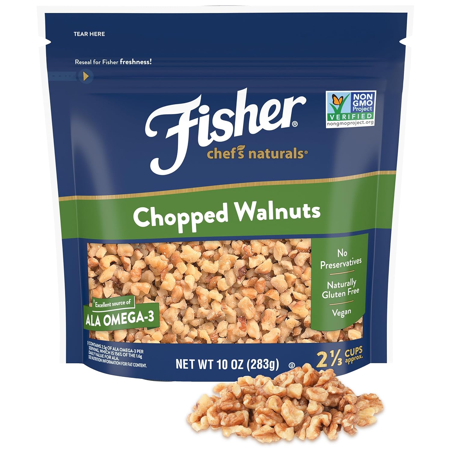 Fisher Chef's Naturals Walnut Halves & Pieces 2 lb, 100% California Unsalted Walnuts for Baking & Cooking, Healthy Snacks for Adults, Resealable Bag, Vegan Protein, Keto Snack, Chopped Nuts, Topping