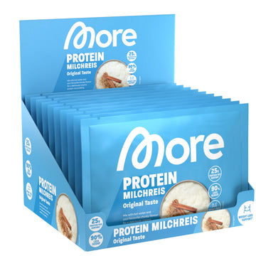 More Protein Milchreis, 13er Tray, 13 x 65 g, 26 g Eiweiß pro Portion, schnelle Zubereitung ohne Kochen, cremig leckerer Milchreis mit weniger Zucker und Fett, perfekt zum Verfeinern