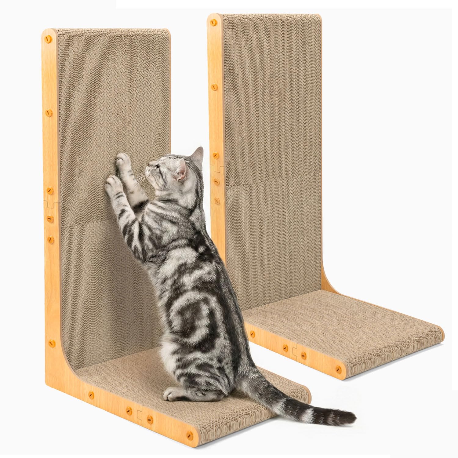 Conlun Kratzbrett für Katzen, 58 cm L-förmige Wandmontage, vertikale Kratzfläche, strapazierfähige Pappe zum Möbelschutz für Wohnungskatzen, Groß,Holzoptik