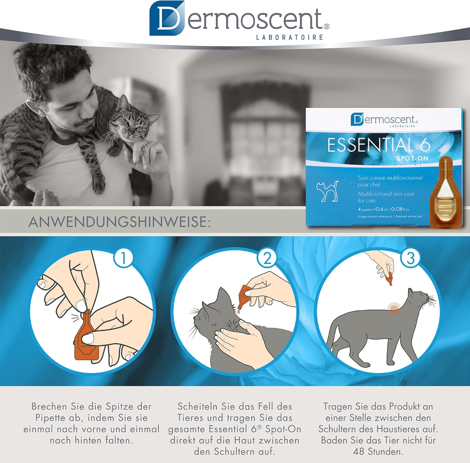 Essential 6 Spot-On | Innovatives Hautpflegeprodukt für Katzen | Hält die Haut feucht, das Fell glänzend, kontrolliert den Haarausfall, reduziert Gerüche und schützt mit natürlichen Inhaltsstoffen