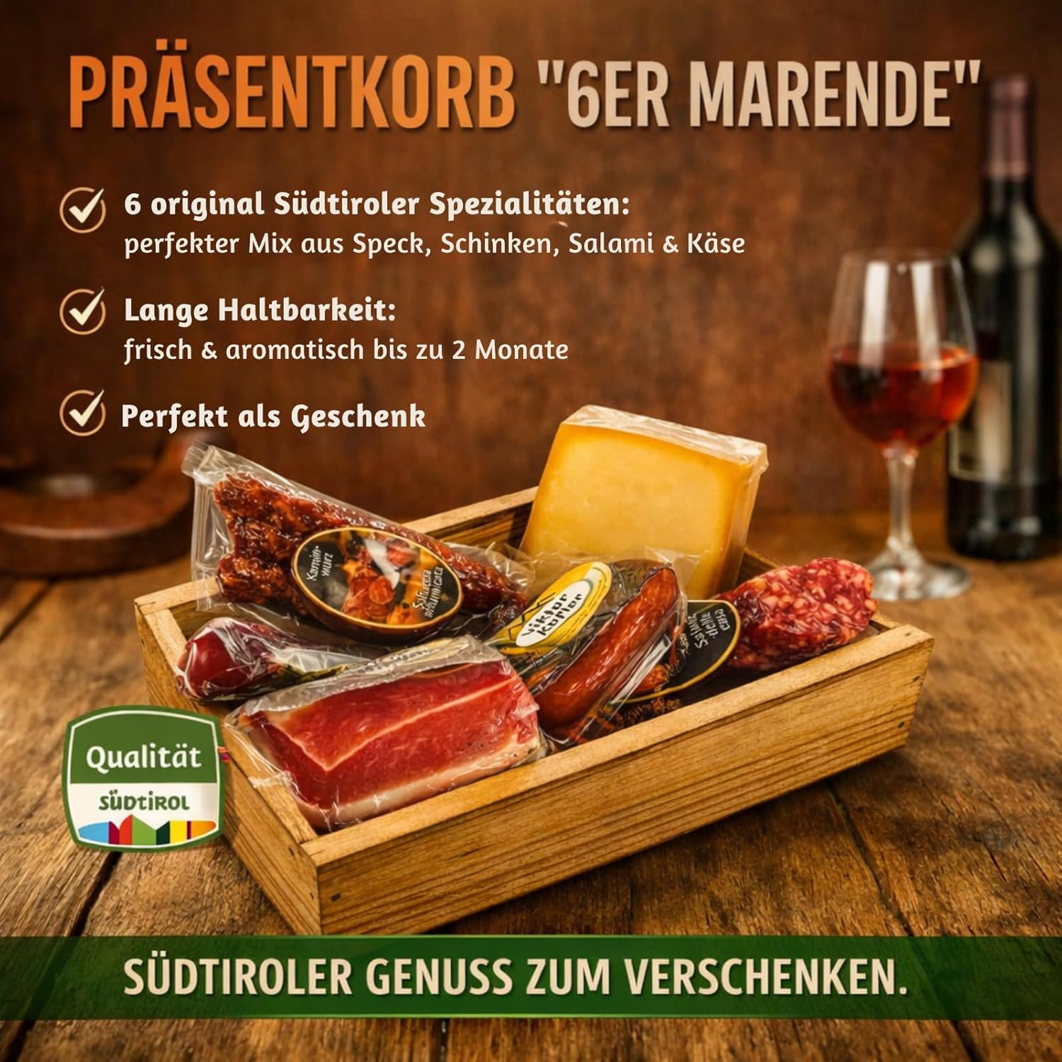 BAVAREGOLA Geschenkekiste mit Südtiroler Spezialitäten die "6er Marende" - Präsentkorb gefüllt mit Speck, Käse, Salami & Schinken von Viktor Kofler/Lana - Genuss Geschenk für Männer & Frauen