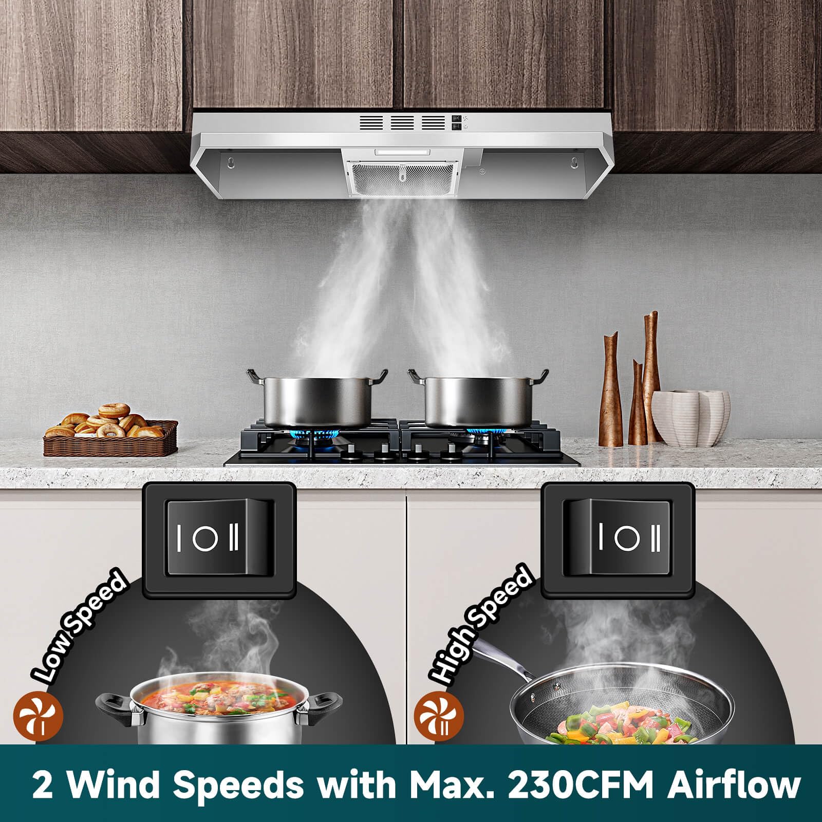 SNDOAS Range Hood 30 inch Under Cabinet, Ducted/Ductless Convertible Kitchen Hood, Stainless Steel Vent Hood with LED Light,Under Cabinet Hood with 2 Speed Exhaust Fan,Black