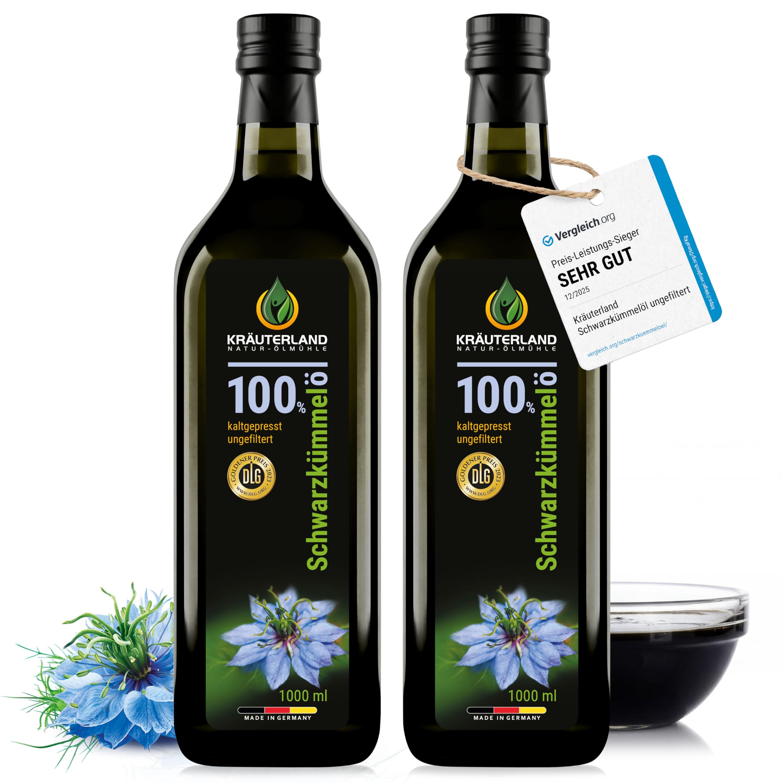 Kräuterland Schwarzkümmelöl 500ml, kaltgepresst & ungefiltert, hoher Thymochinon‑Anteil, ägyptische Samen, mühlenfrisch, 100 % Nigella sativa, naturrein ohne Zusatzstoffe, lichtgeschützten Glas