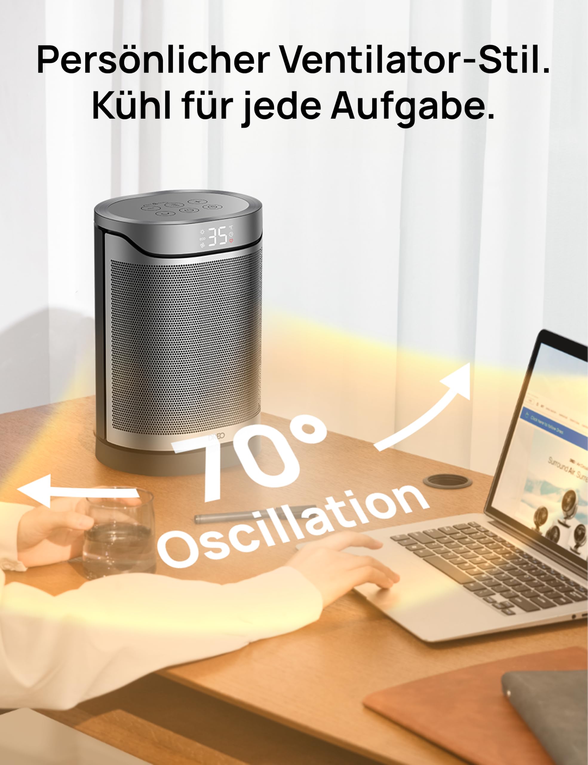 Dreo Heizlüfter Energiesparend Klein, 1500W Heizung Elektrisch mit Thermostat, 70° Oszillierend Elektroheizung, PTC Keramik Heizlüfter Leise, ECO-Modus, 12-Std-Timer, Überhitzungs- & Kippschutz