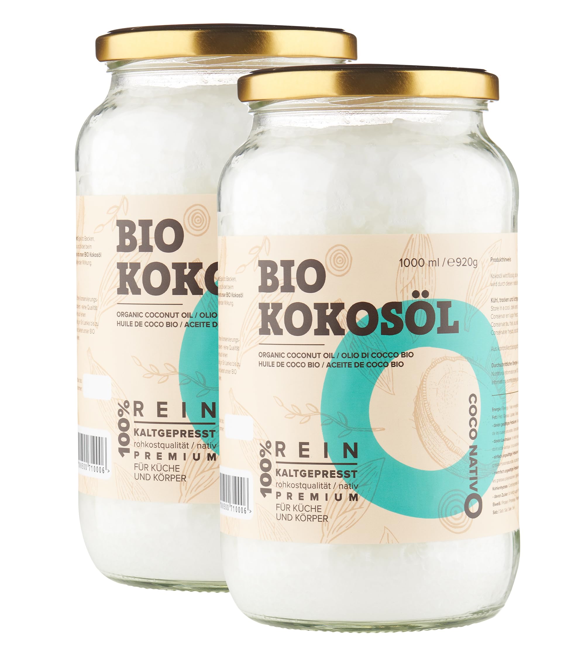 Bio Kokosöl CocoNativo - 1000mL (1L) - Bio Kokosfett, Kokosnussöl, Premium, Nativ, Kaltgepresst, Rohkostqualität, Rein (1000ml) - zum Kochen, Braten und Backen, für Haare und Haut