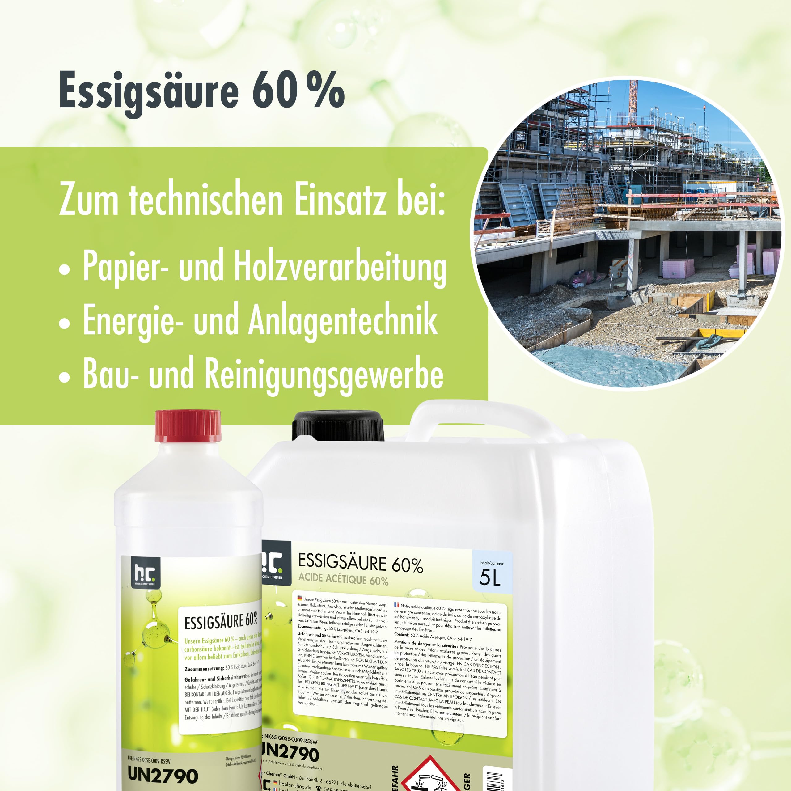 Höfer Chemie 2 x 10 L Essigsäure 60% - optimaler Reiniger und Entkalker - Premium Qualität Made in Germany - frisch abgefüllt im handlichen Kanister
