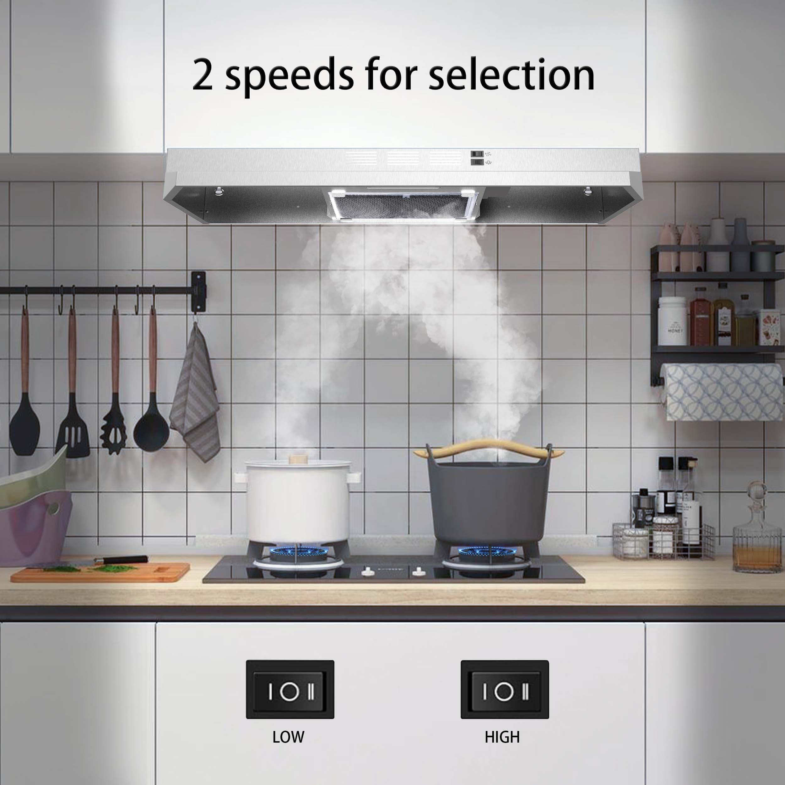 SNDOAS Range Hood 30 inch Under Cabinet, Ducted/Ductless Convertible Kitchen Hood, Stainless Steel Vent Hood with LED Light,Under Cabinet Hood with 2 Speed Exhaust Fan,Black