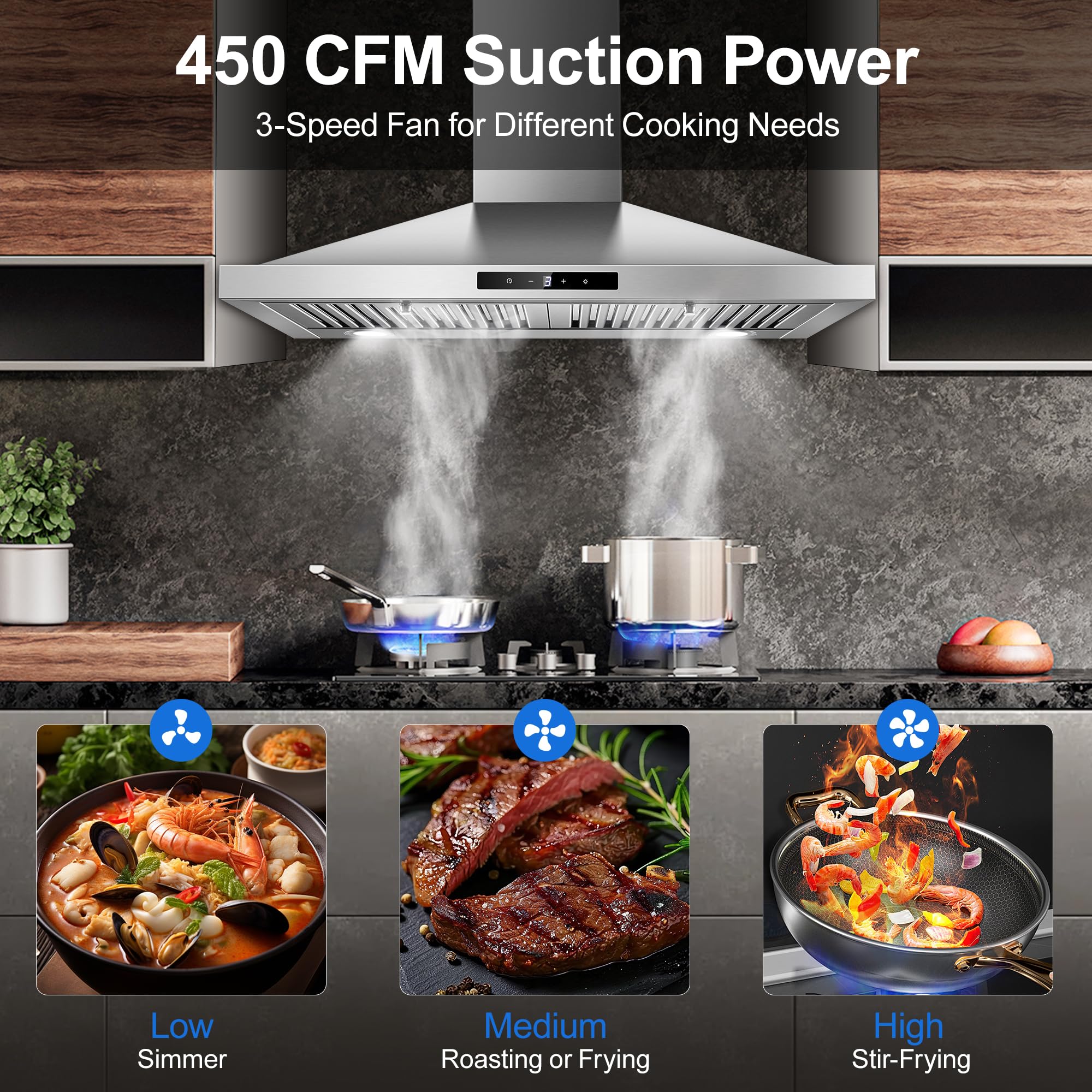 Tieasy Wall Mount Range Hood 30 inch with Ducted/Ductless Convertible Duct, Stainless Steel Chimney-Style Over Stove Vent Hood with LED Light, 3 Speed Exhaust Fan, 450 CFM