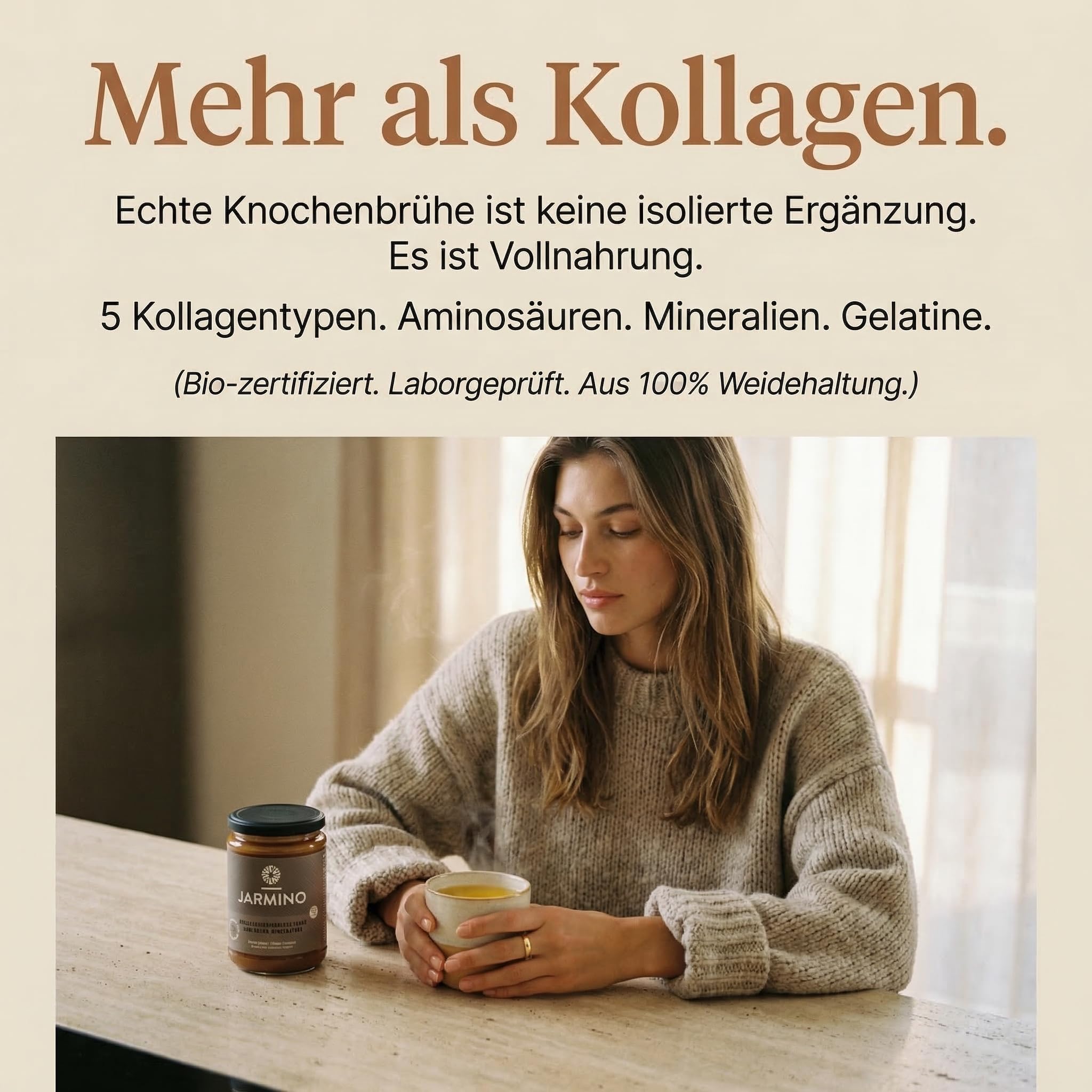 JARMINO Bio Rinderknochenbrühe Konzentrat, Grasgefütterte Brühe für Menschen, Flüssige Knochenbrühe mit Kollagenprotein, Keto, Paleo & AIP geeignet, Rinderbrühe, 440 g, 44 Portionen