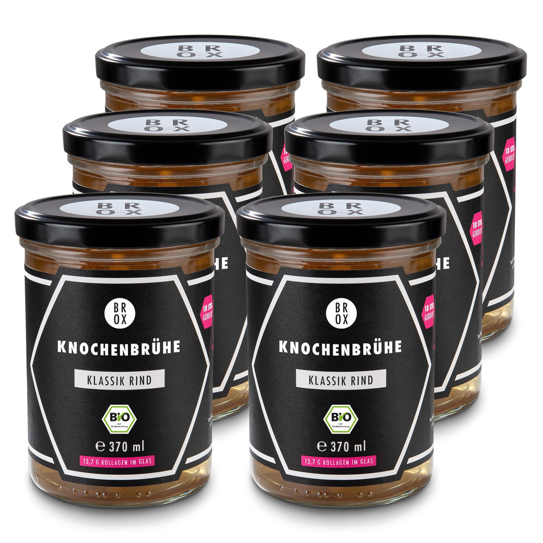 BROX Knochenbrühe Rind Bio [6x370ml] – 24 Std. gekocht, Deutschland – Kollagen & Aminosäuren – Rinderbrühe aus Weidehaltung – Premium Bone Broth