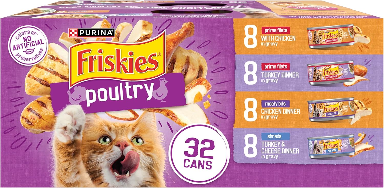Purina Friskies Gravy Wet Cat Food Variety Pack, Poultry Shreds, Meaty Bits, and Prime Filets - (Pack of 32) 5.5 oz. Cans