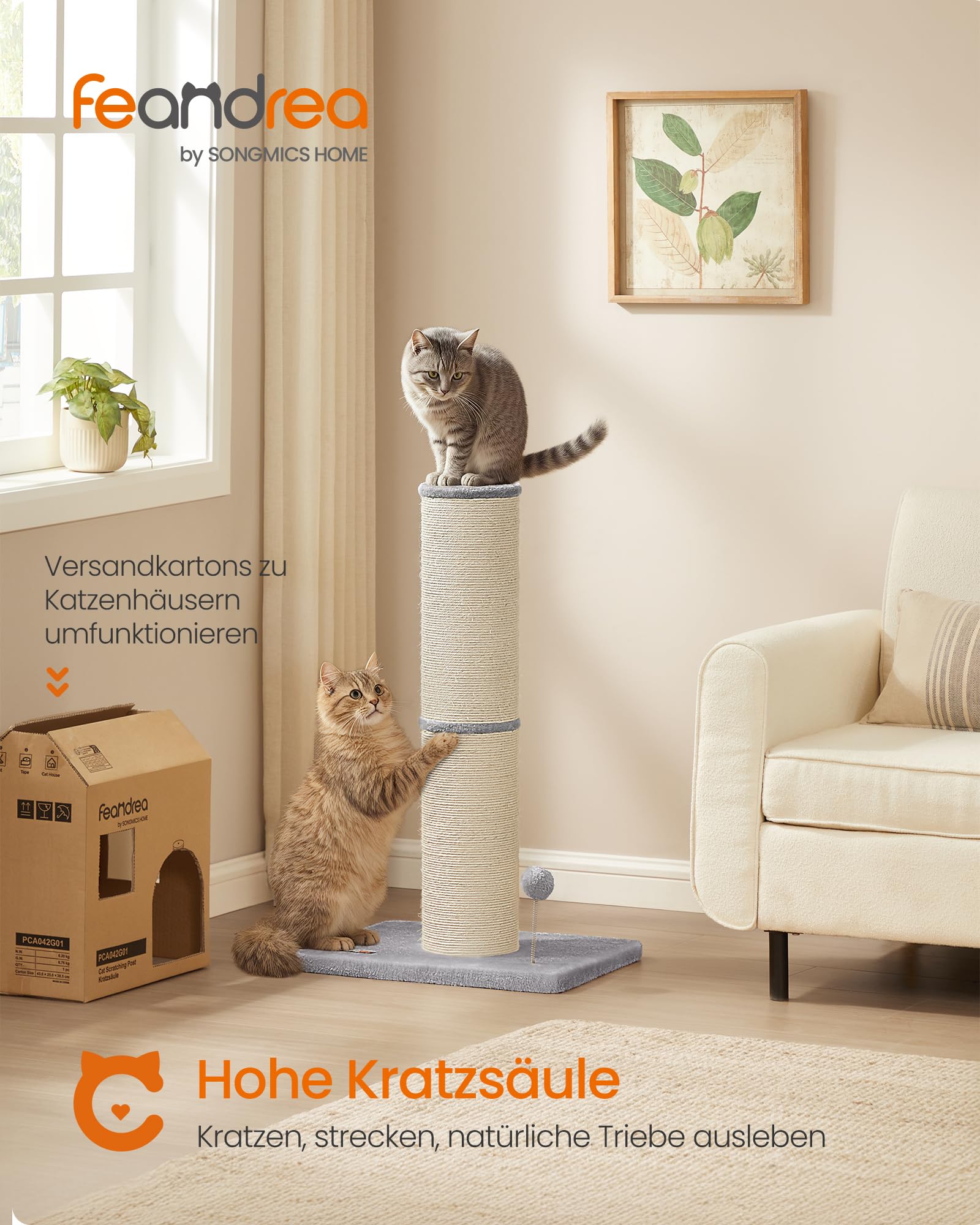 Feandrea Kratzbaum, 85 cm hoch, Kratzsäule XL, 13 cm Dicker Stamm, Katzenbaum, Kratzstamm für mittelgroße und große Katzen, Sisalstamm, mit Plüschball und Glocke, Taubengrau PCA041G01