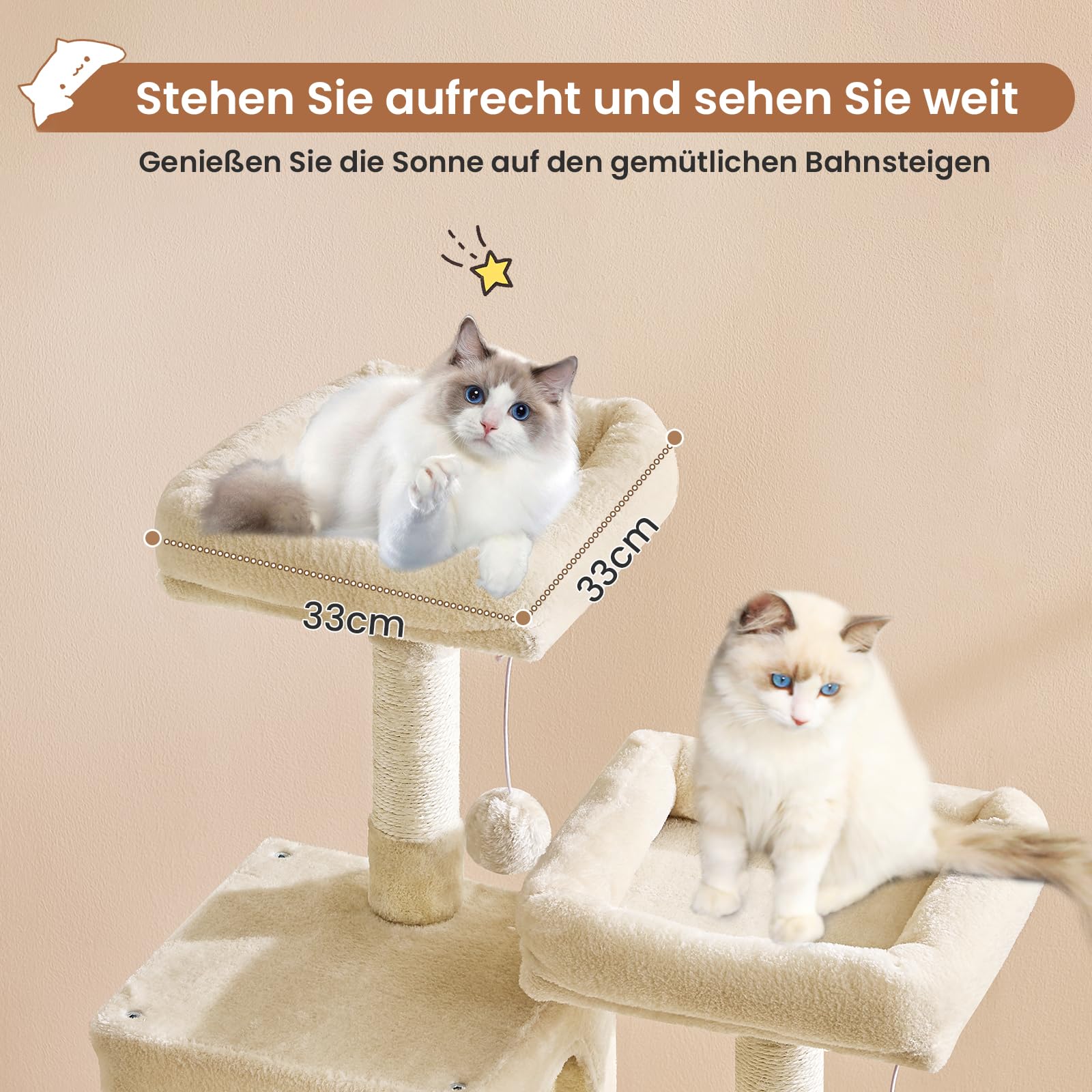 MSmask Kratzbaum groß, L Katzenbaum Stabil, Katzenkratzbaum mit 2 Plattformen, 2 Katzenhöhlen, Hängematte, Sisalsäulen, mehrstöckiger Kletterbaum für Katzen (Hellgrau, 160 cm)