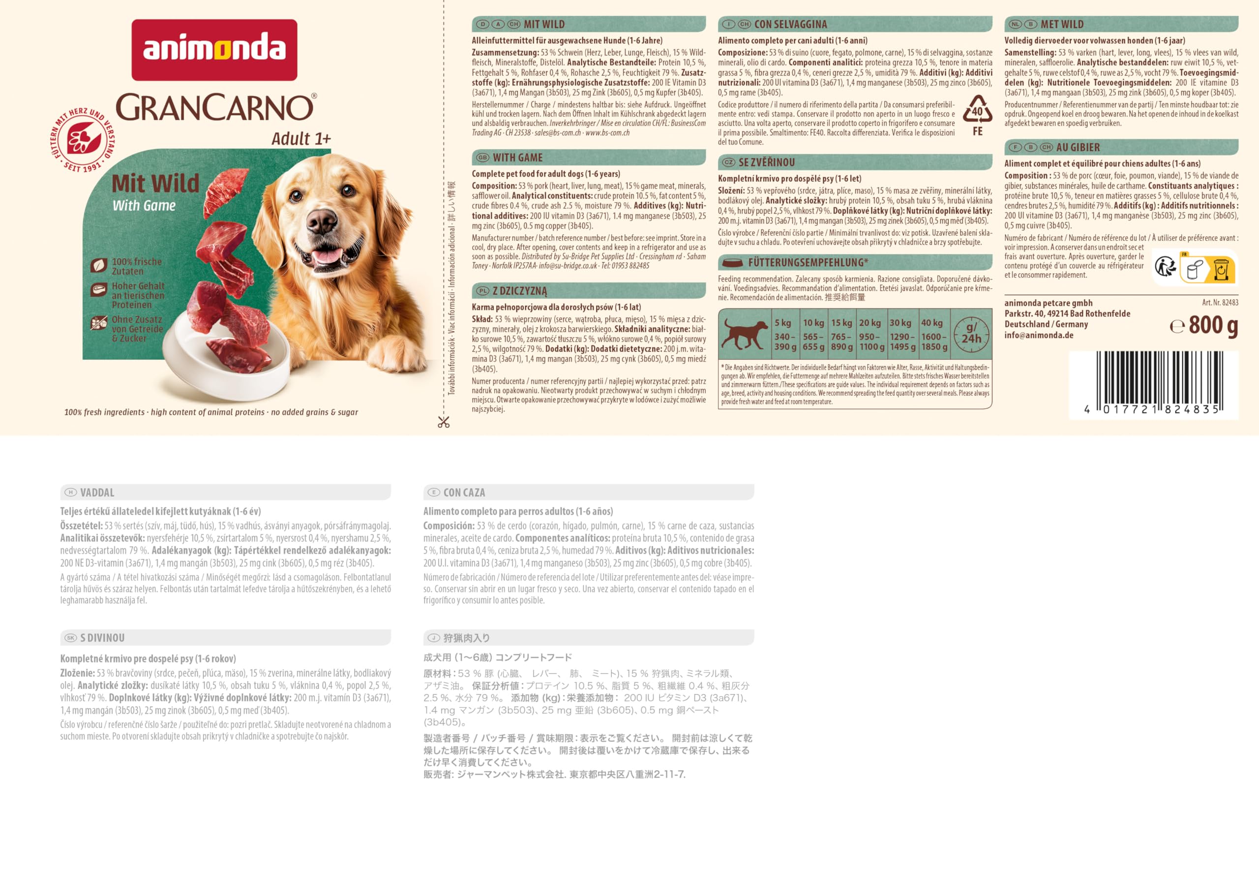 animonda GranCarno Hunde Nassfutter mit Rind + Entenherzen (6 x 800 g), getreidefreies Hundenassfutter ohne Zucker, für ausgewachsene Hunde, mit frischen fleischigen Zutaten