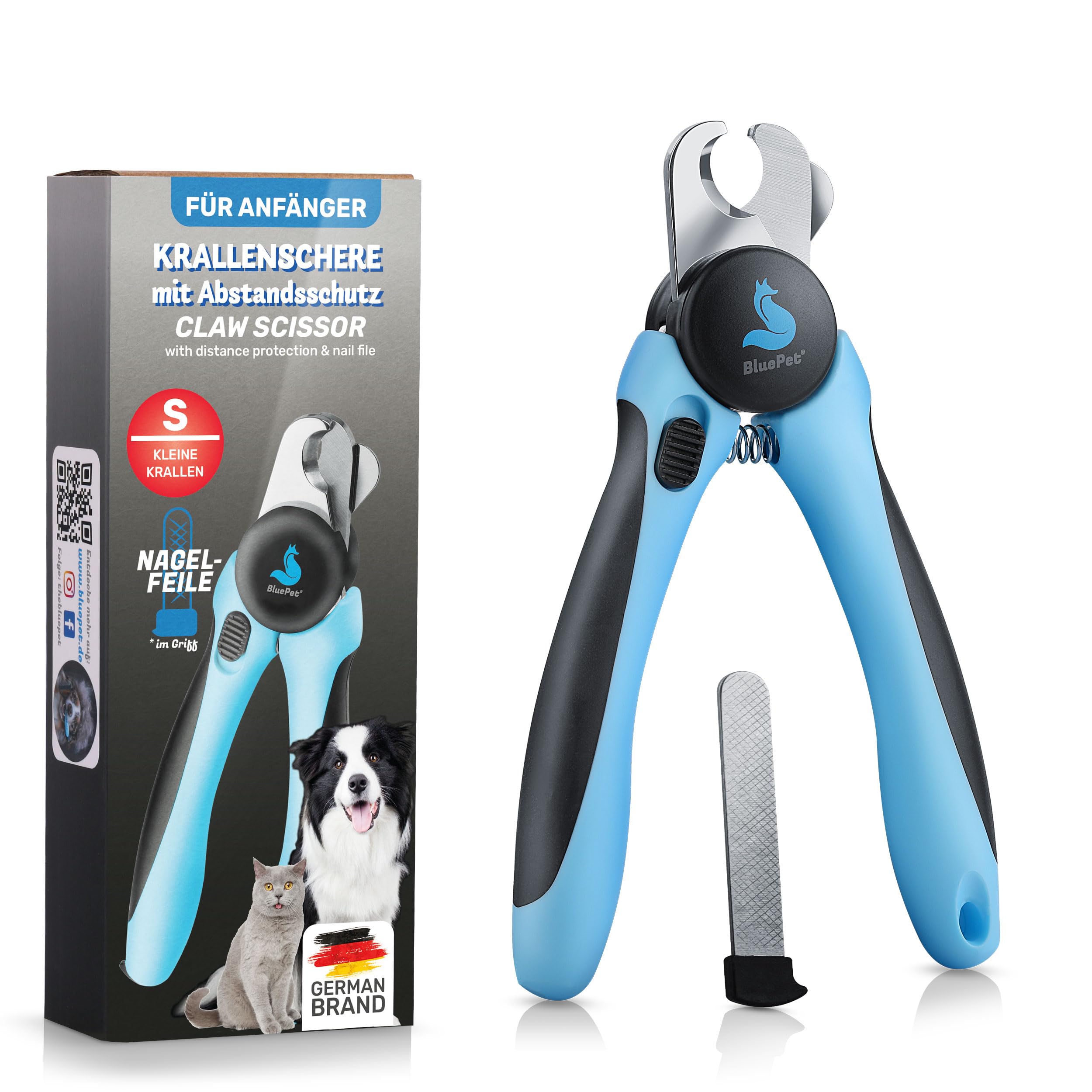 BluePet Krallenschere mit Schutz für Hunde & Katzen I Einsteigerfreundlich I Krallenzange für kleine & große Krallen + Krallenfeile im Griff - Alternative zu Nagelschere & Krallenschleifer