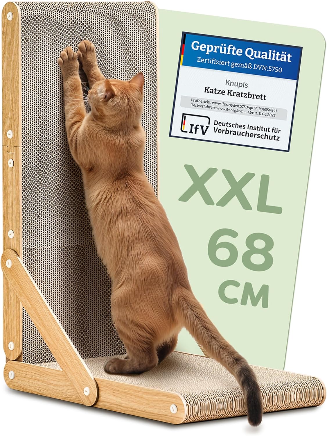Knupis Kratzbrett Katze Groß 68 cm - Kratzfeste Kratzpappe für Katzen zur Krallenpflege - Bis zu 2 Jahre Kratzspaß - Leichte Montage - Wendbares Design L förmig - Kratzmatte für Sofa & Wandschutz