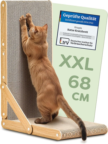 Knupis Kratzbrett Katze Groß 68 cm - Kratzfeste Kratzpappe für Katzen zur Krallenpflege - Bis zu 2 Jahre Kratzspaß - Leichte Montage - Wendbares Design L förmig - Kratzmatte für Sofa & Wandschutz