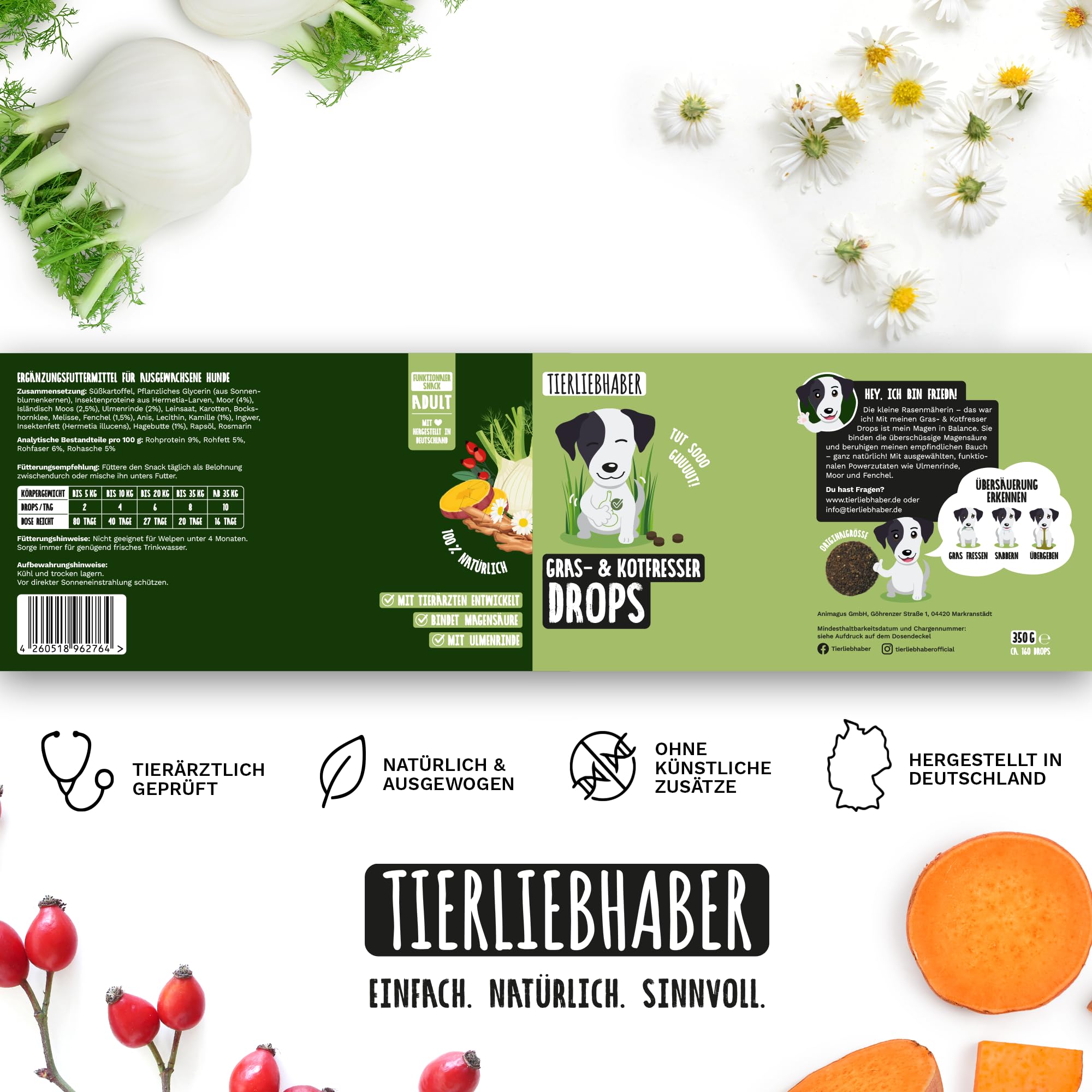 TIERLIEBHABER – Gras- & Kotfresser Drops bei Sodbrennen Hund mit Ulmenrinde für Hunde – Tierärztlich entwickelt – Hund Sodbrennen Drops angereichert mit Moor und Fenchel – 350 g mit ca. 160 Drops