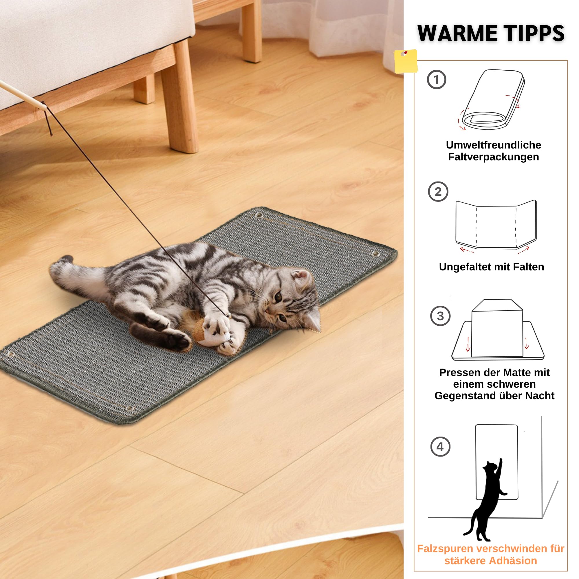 2 Stück Kratzmatte aus Sisal, Kratzmatte für Katzen, mit Klebeband, Katzenkratzmatte, Teppich zum Schutz der Wand, 60 × 25 cm (Braun)