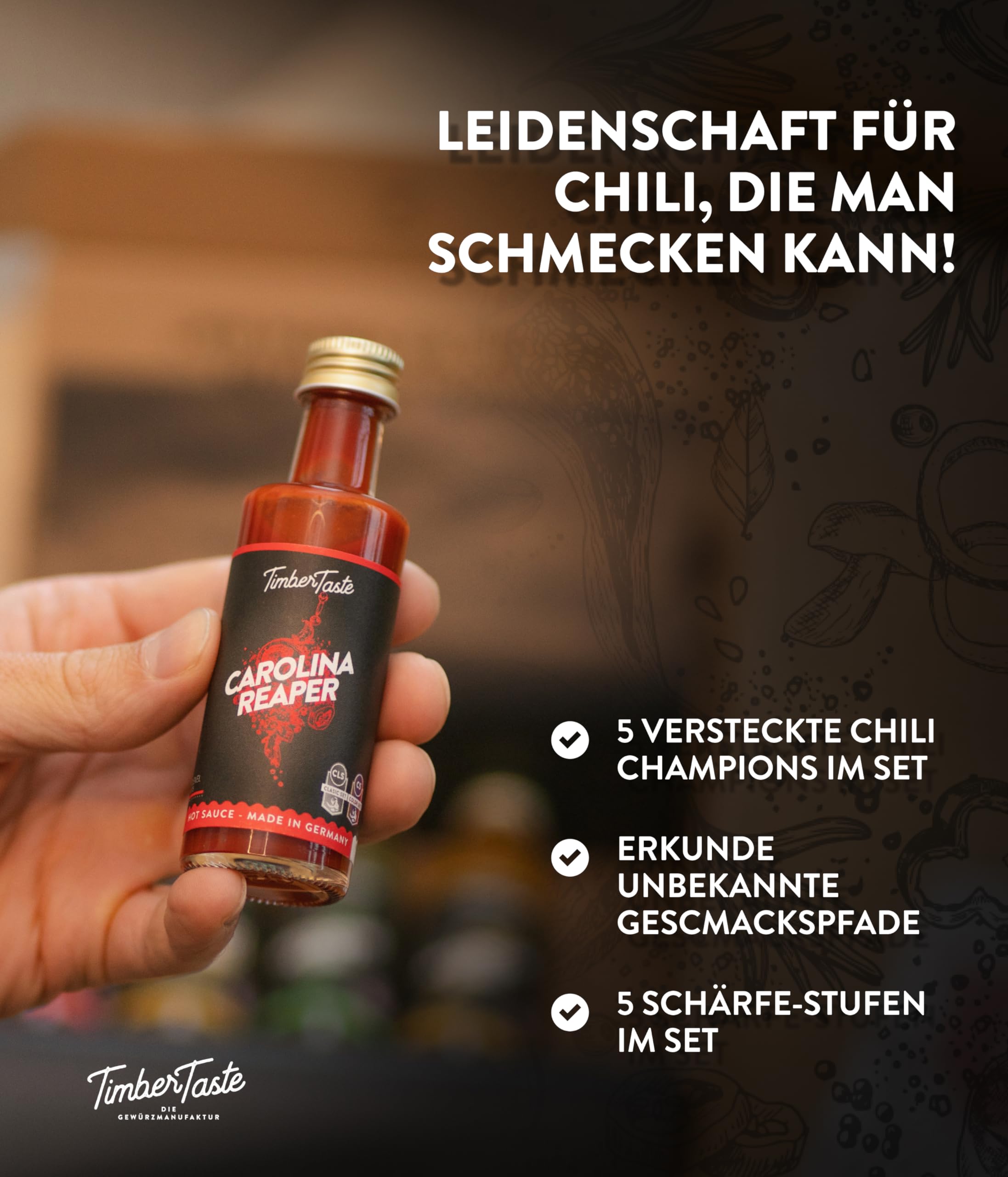 TIMBER TASTE® Chili Geschenkset scharfe Soßen Set - 5 Hot Sauce Set je 40ml in Geschenkverpackung für Liebhaber & Genießer scharfer Saucen | Ostergeschenk Mann | kleine Ostergeschenke Männer