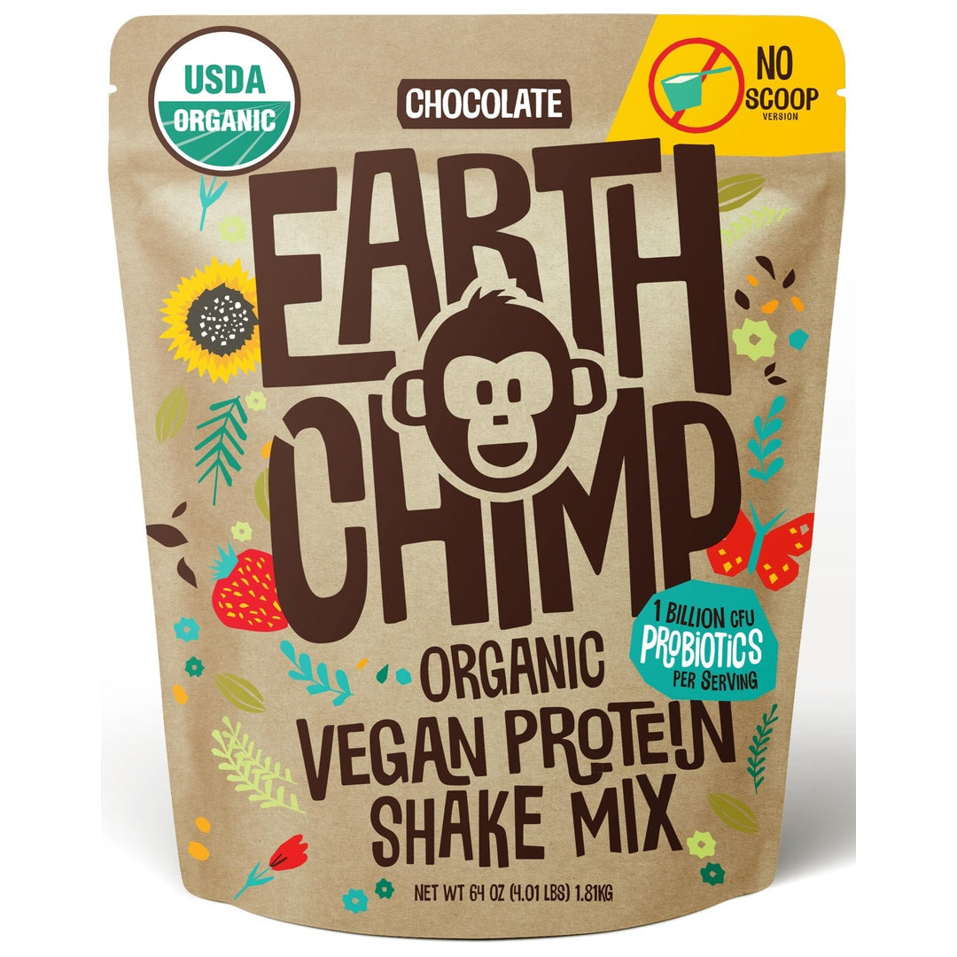 EarthChimp Organic Vegan Protein Powder - with Probiotics - Non GMO, Dairy Free, Non Whey, Plant Based Protein Powder for Women and Men, Gluten Free - 26 Servings 32 Oz (Chocolate)