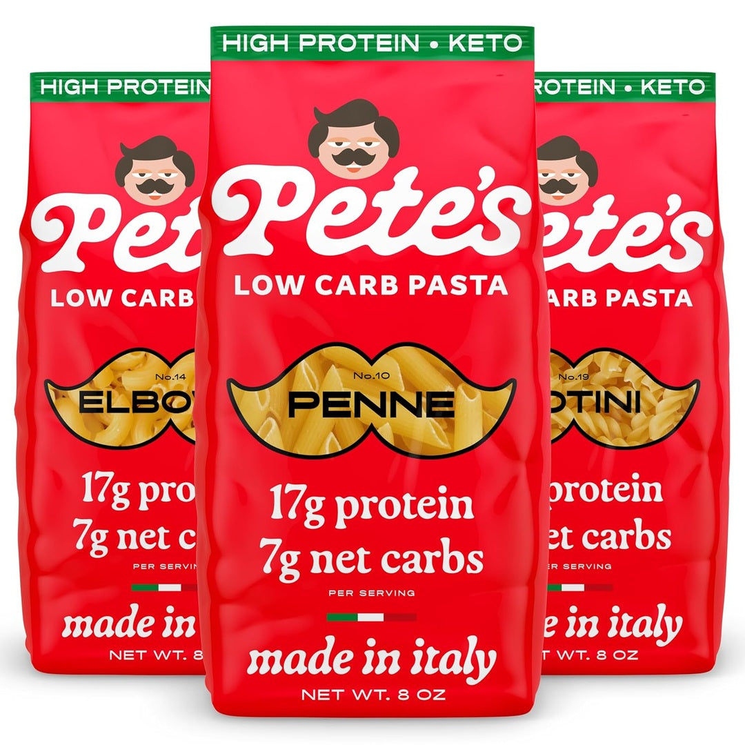 High Protein, Low Carb Pasta Variety | Penne, Rotini, Elbow Macaroni with 17g Protein, 7g Carbs | Healthy, Keto Pasta Made in Italy | 3-Pack, 8oz - Pete’s Pasta