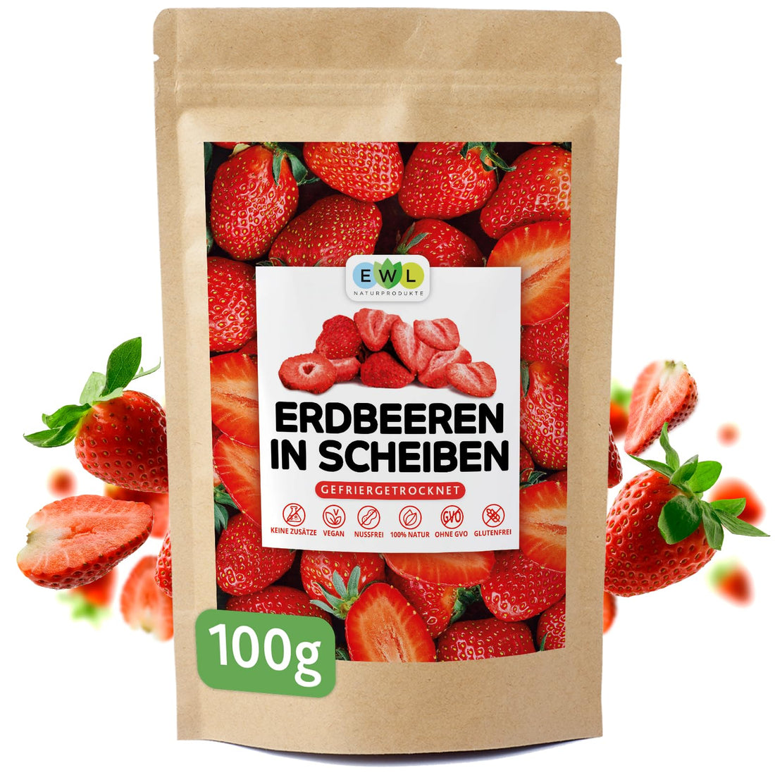 EWL Naturprodukte ERDBEEREN GEFRIERGETROCKNET 300g-leckere, schonend gefriergetrocknete Erdbeeren in Scheiben, frei von Zusatzstoffen -Deutsche Abfüllung- getrocknete Erdbeeren getrocknete Früchte
