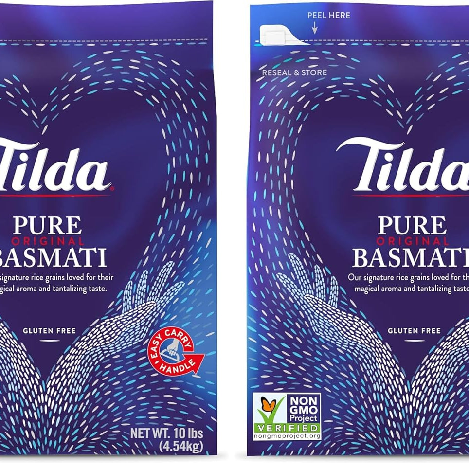 Tilda Pure Basmati Rice, Premium Aromatic and Authentic Rice, Large Resealable Bag, 10-Pound Bag,White