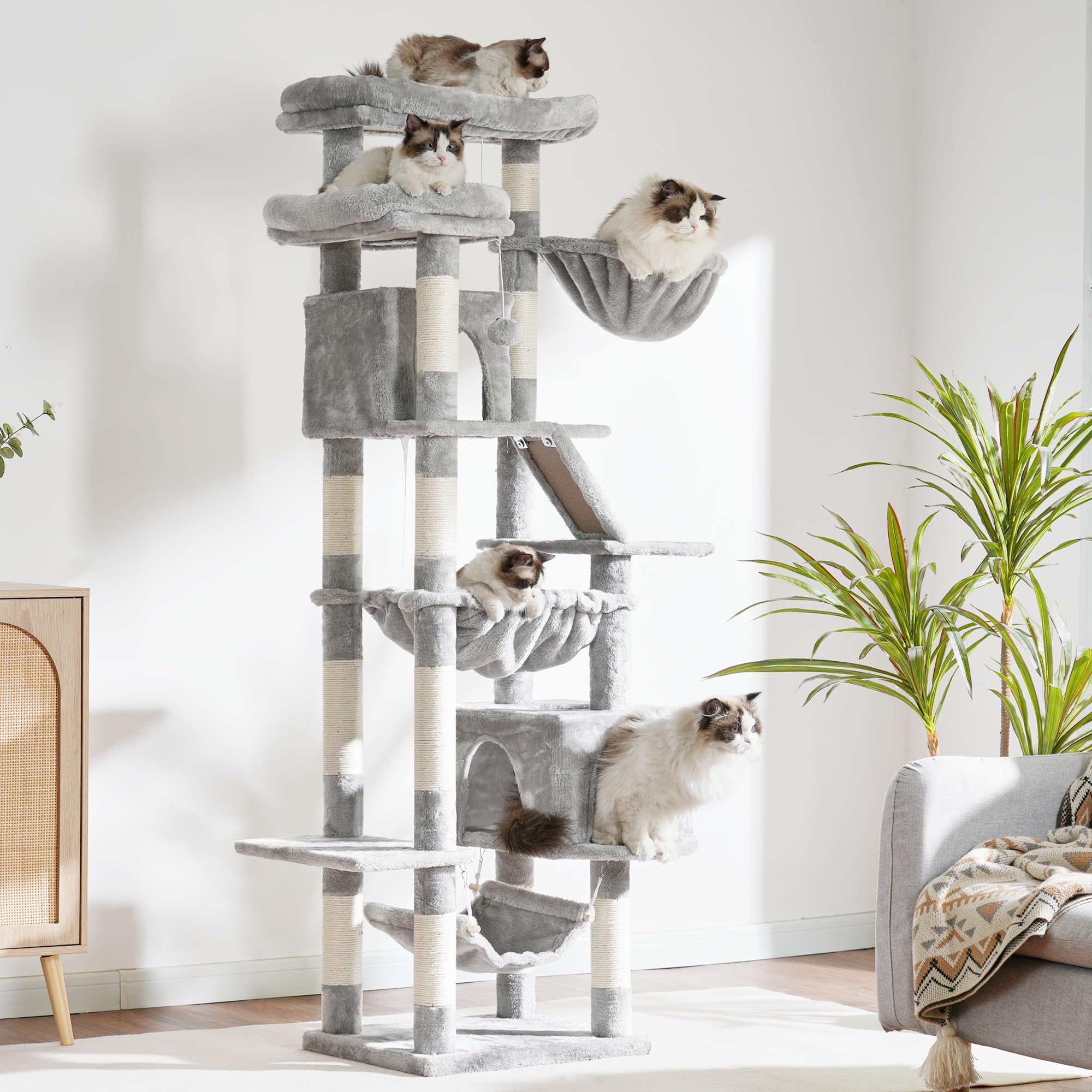 Heybly Kratzbaum, 180 cm Hoher Katzenturm für Wohnungskatzen mit 2 Plattformen, 2 Großen Schlafhäusern, 2 Hängematten, Korb und Kratzbrett, Großes Katzenmöbel mit Schlafplatz, Hellgrau HCT034W