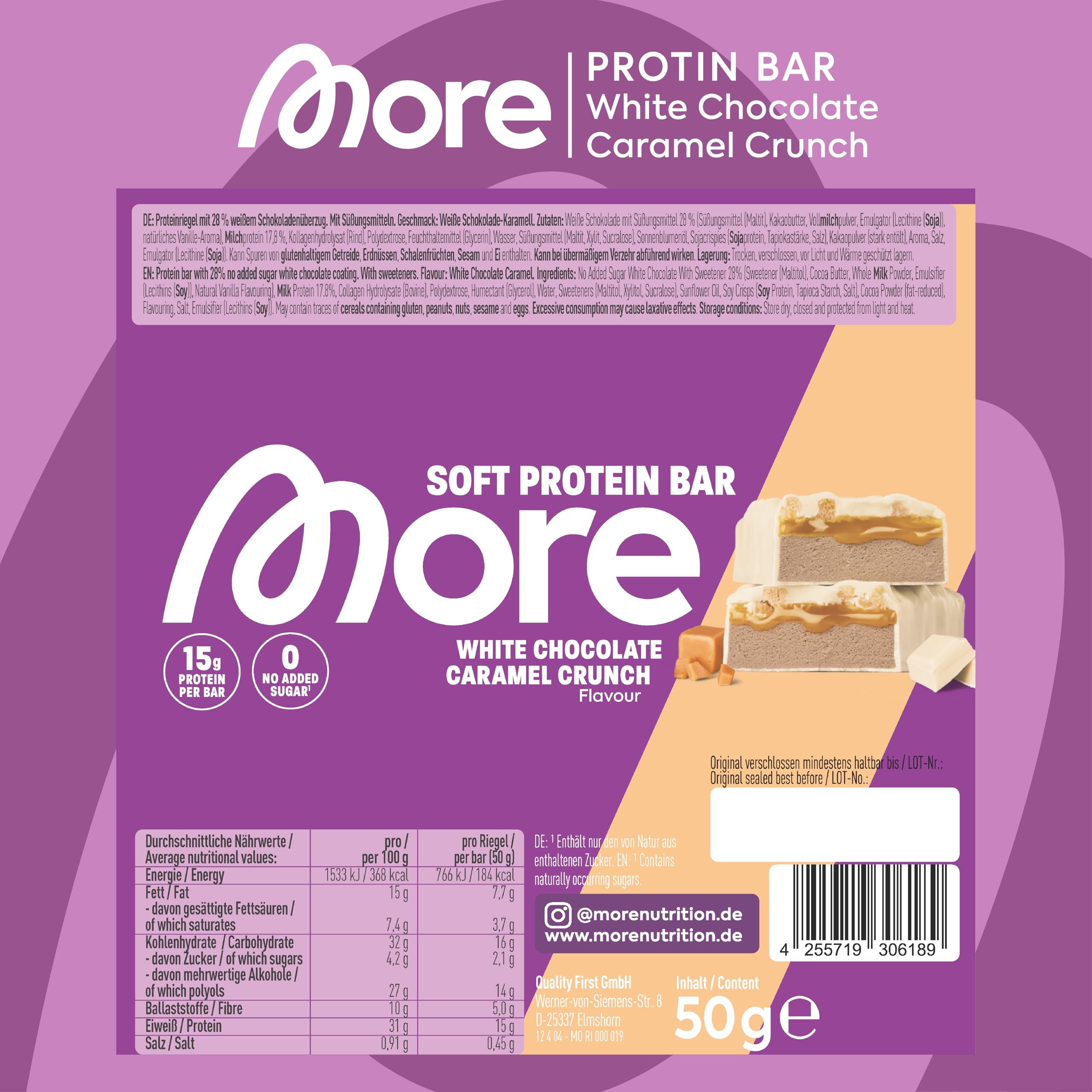 MORE Protein Bar, 10er Box, White Chocolate Peanut Caramel, Protein Riegel ohne Zuckerzusatz (Design kann variieren)