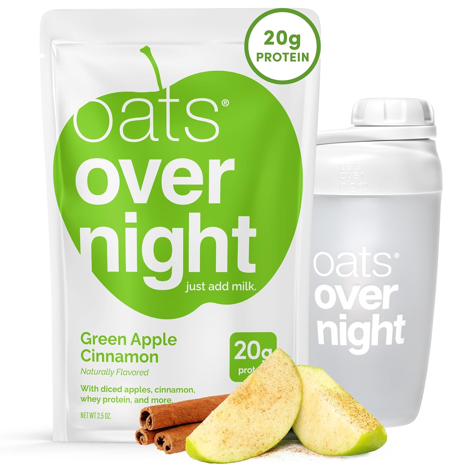 Oats Overnight Green Apple Cinnamon - Overnight Oats with 20g Protein, High Fiber Breakfast Protein Shake - Gluten Free Oatmeal, Non GMO High Protein Oatmeal (2.6 oz per Meal) (8 Pack)