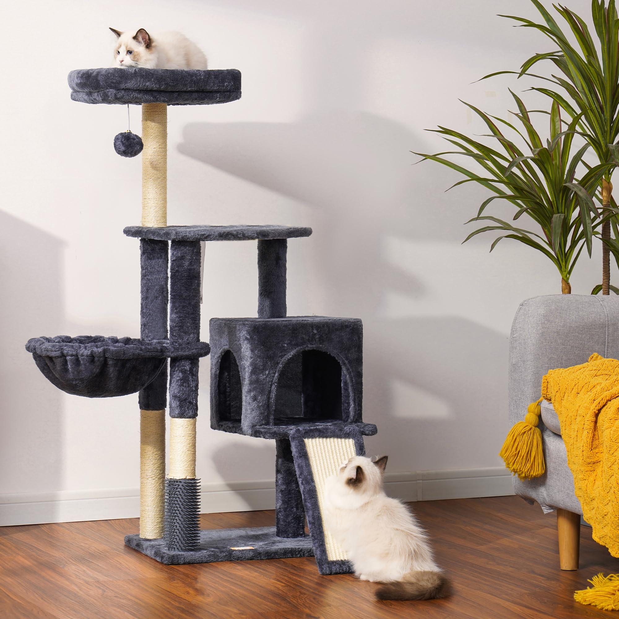 Heybly Kratzbaum mit Katzenbürste, Katzenbaum für Hauskatzen mit Gepolsterter Sitzstange aus Plüsch, Katzenkratzbaum mit Korb, Kratzbrett und Kratzbaum, Hellgrau HCT005SW
