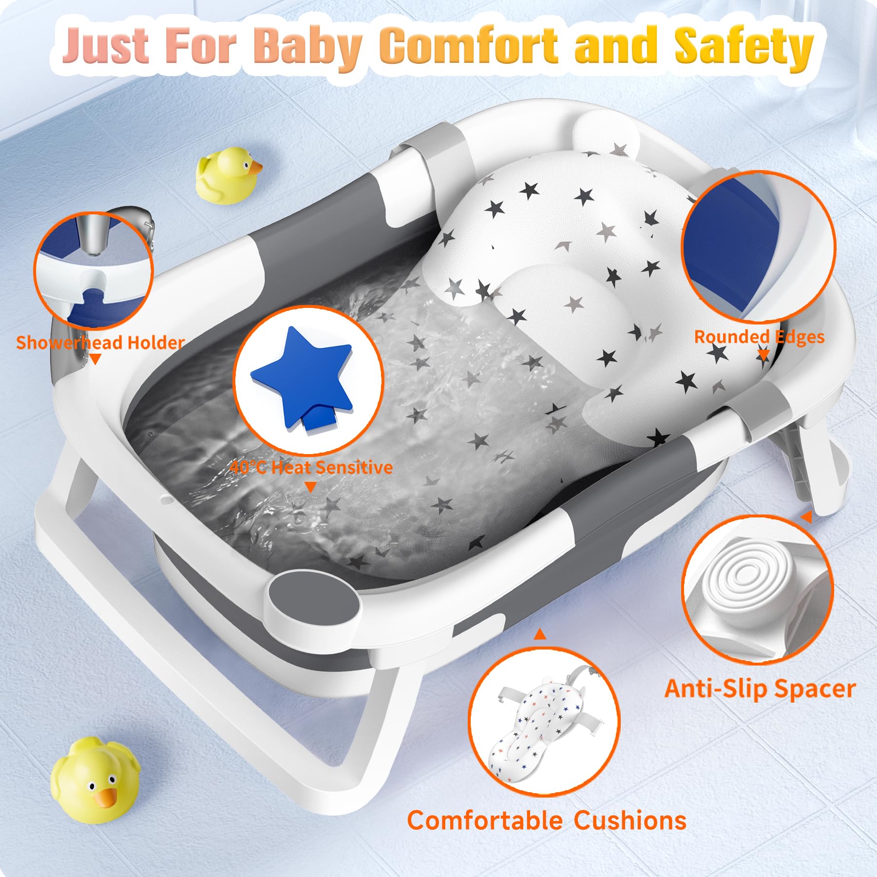 Baby Badewanne Faltbare, Baby Bathtub Babywanne Faltbar Babybadewanne Tragbare Wanne für Neugeborene Kleinkinder mit Rutschfester Matte und Abflussloch (Kein Thermometer) (Grau)