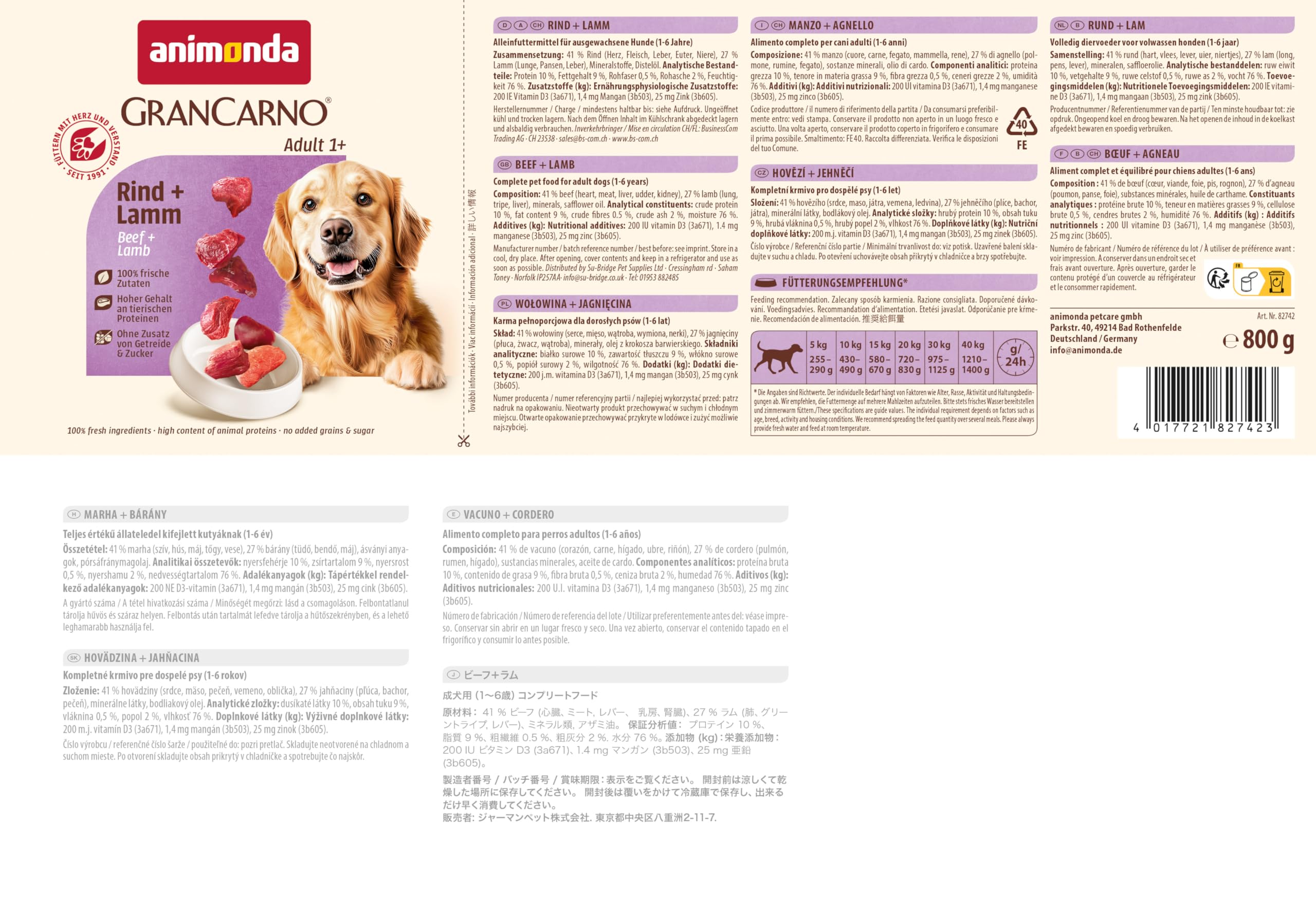 animonda GranCarno Hunde Nassfutter mit Rind + Entenherzen (6 x 800 g), getreidefreies Hundenassfutter ohne Zucker, für ausgewachsene Hunde, mit frischen fleischigen Zutaten