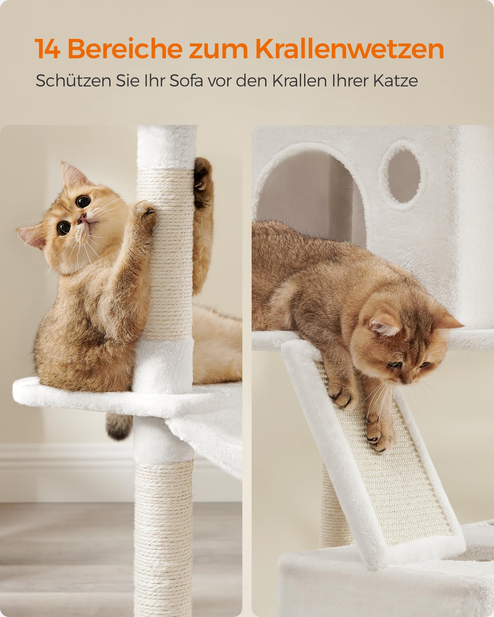Feandrea Kratzbaum groß, 203,5 cm hoch, XXL Katzenbaum, mit 13 Kratzsäulen, 2 Plattformen, 2 Höhlen, Korb, Hängematte, Plüschbälle, mehrstöckiger Katzenkratzbaum, rauchgrau PCT190G01