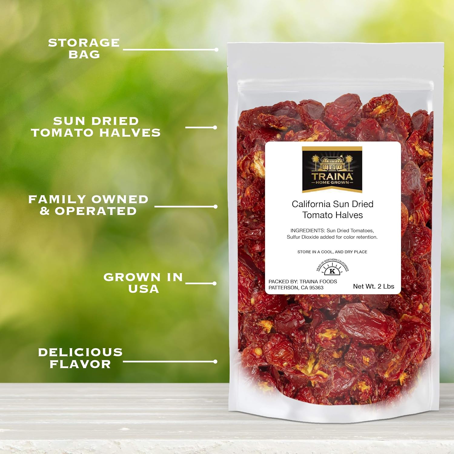 Traina Home Grown California Sun Dried Tomato Halves - Healthy, Non GMO, Gluten Free, Kosher Certified, Packed in Resealable Bag (2 lbs)