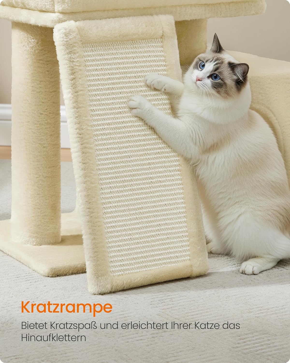 Feandrea Kratzbaum, Katzenbaum mit Kratzsäulen, Rampe, Katzenkratzbaum, 2 große Plattformen, Höhle und Korb, 85,8 cm hoch, Taubengrau PCT013GD01