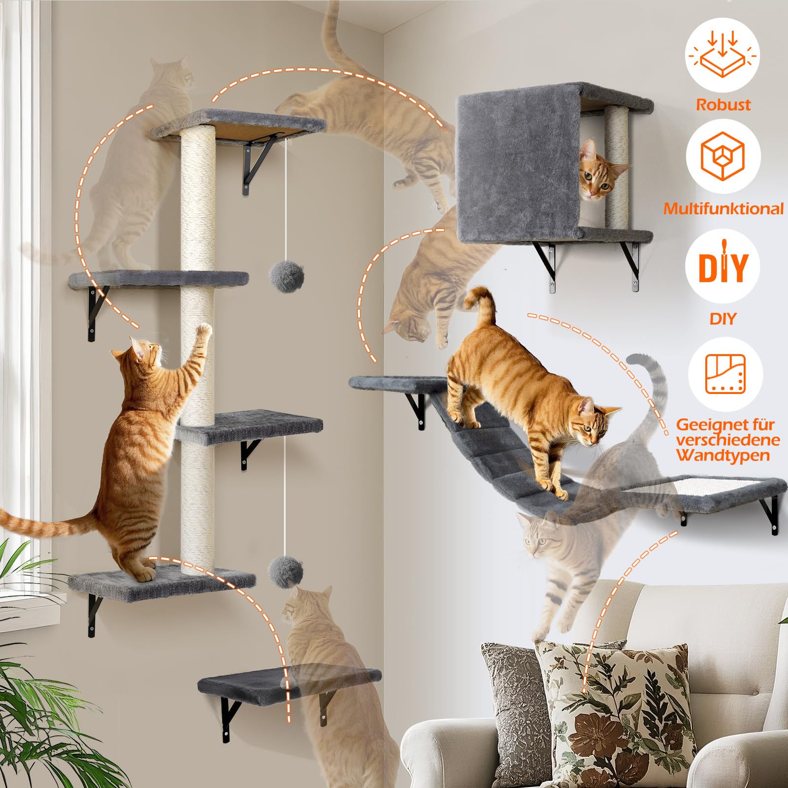 Kletterwand Katzen 10-teilig, Wandmontage Katzenmöbel Set mit Katzenbrücke, Katzenhaus, Kratzbaum & Hängematte, Stabiler Katzentreppe bis 10 kg, Beige