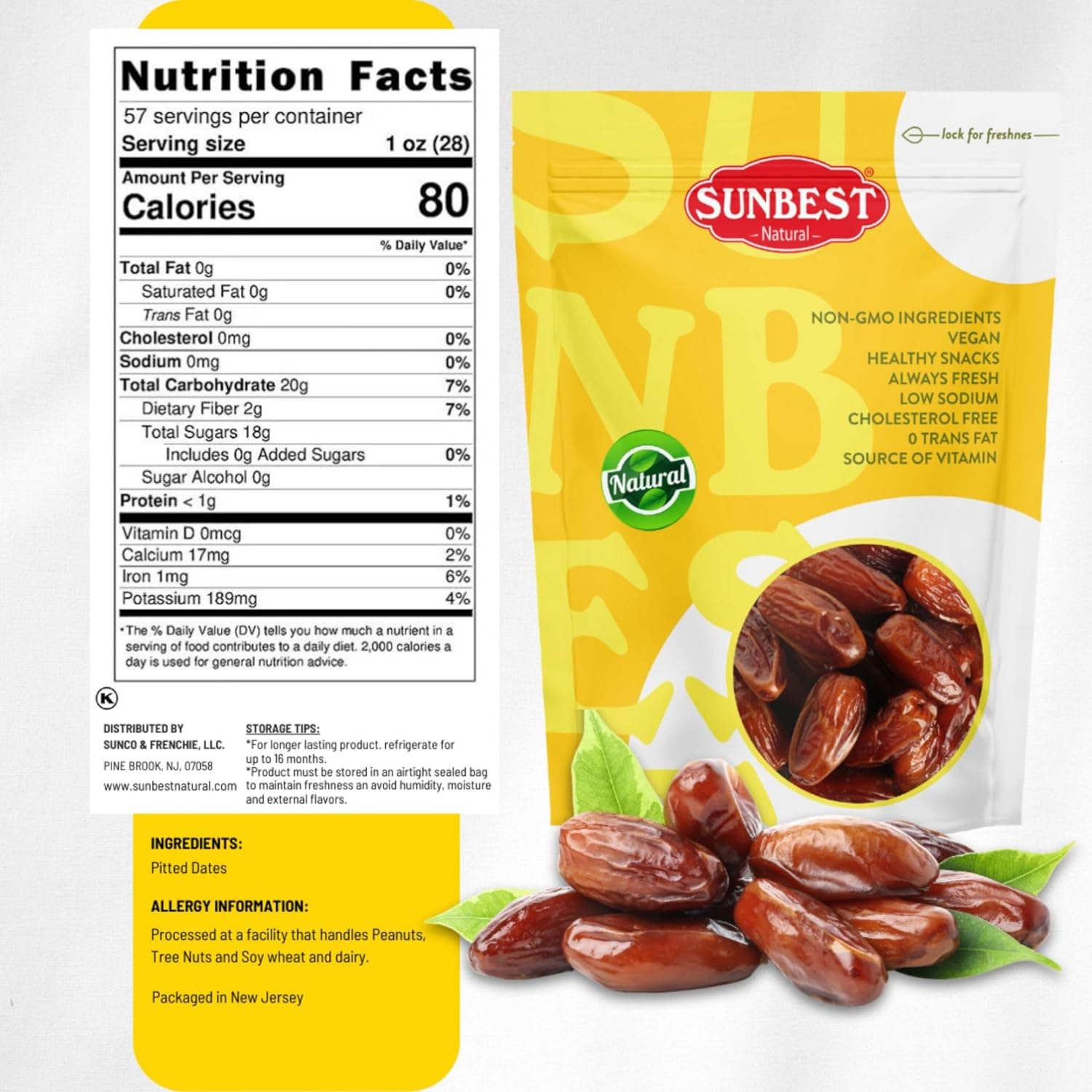 Sunbest Natural Deglet Noor Dates, 5 lbs – Pitted & Whole – Bulk Dried Fruit Snack For Kids & Adults – Naturally Sweet For Baking & Cooking – Sun-Dried, Fiber Rich, Kosher & No Sugar Added (80 oz)