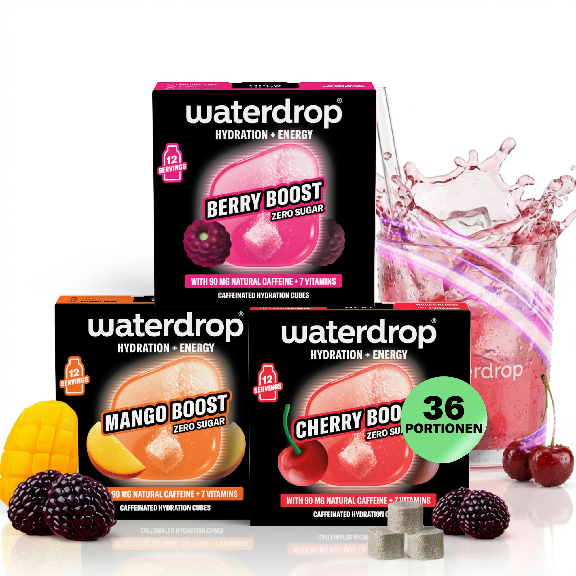 waterdrop® Microenergy Set, Energy Drink Pulver, 36 Würfel Getränkepulver, Mango, Kirsche & Brombeere Geschmack, Zuckerfrei & Kalorienarm, Mit 90 mg Natürlichem Koffein, Vitamin C & B – Flavour Drops