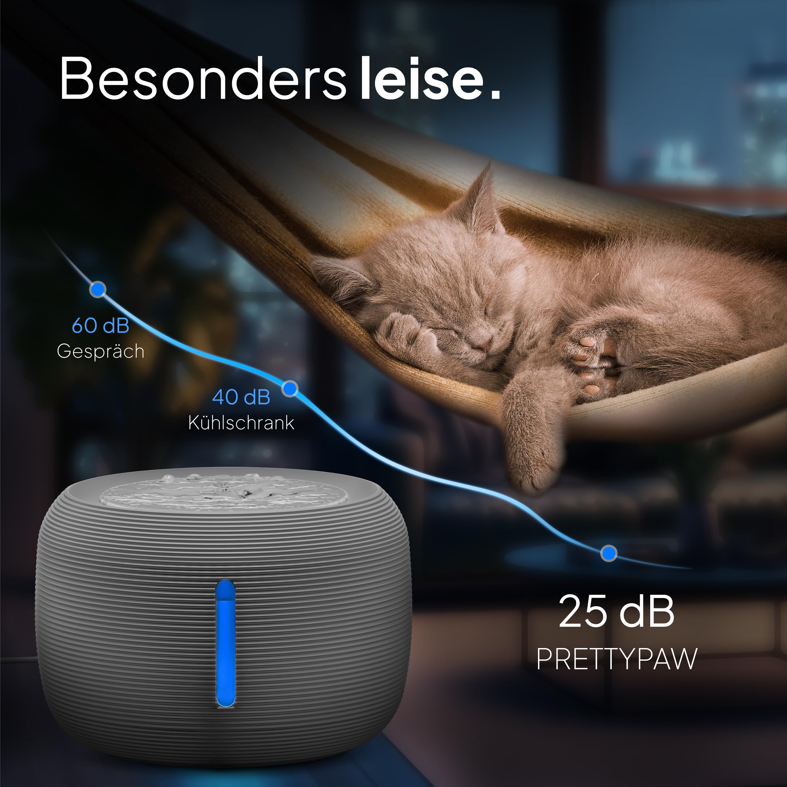 Pretty Paw Trinkbrunnen für Katze – Flüsterleiser 2,5L Katzenbrunnen mit LED & Aktivkohlefilter - BPA-frei & leicht zu reinigen - Hochwertige Lösung zum fairen Preis - KatzenOase Pro