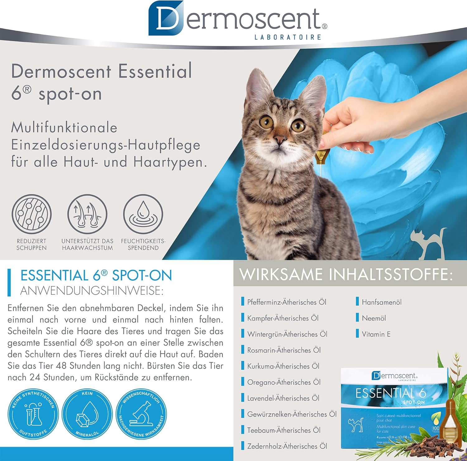 Essential 6 Spot-On | Innovatives Hautpflegeprodukt für Katzen | Hält die Haut feucht, das Fell glänzend, kontrolliert den Haarausfall, reduziert Gerüche und schützt mit natürlichen Inhaltsstoffen