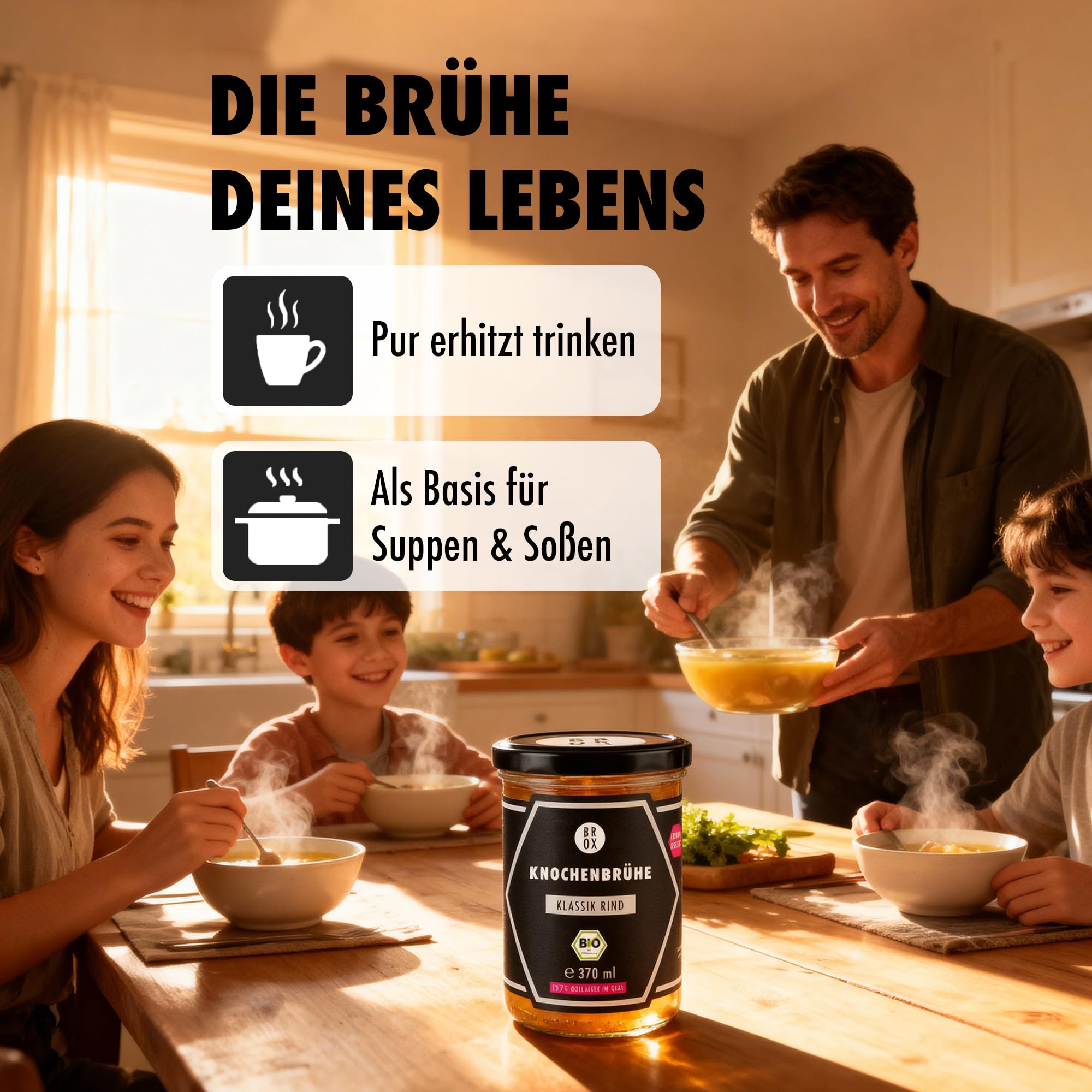 BROX Knochenbrühe Rind Bio [6x370ml] – 24 Std. gekocht, Deutschland – Kollagen & Aminosäuren – Rinderbrühe aus Weidehaltung – Premium Bone Broth
